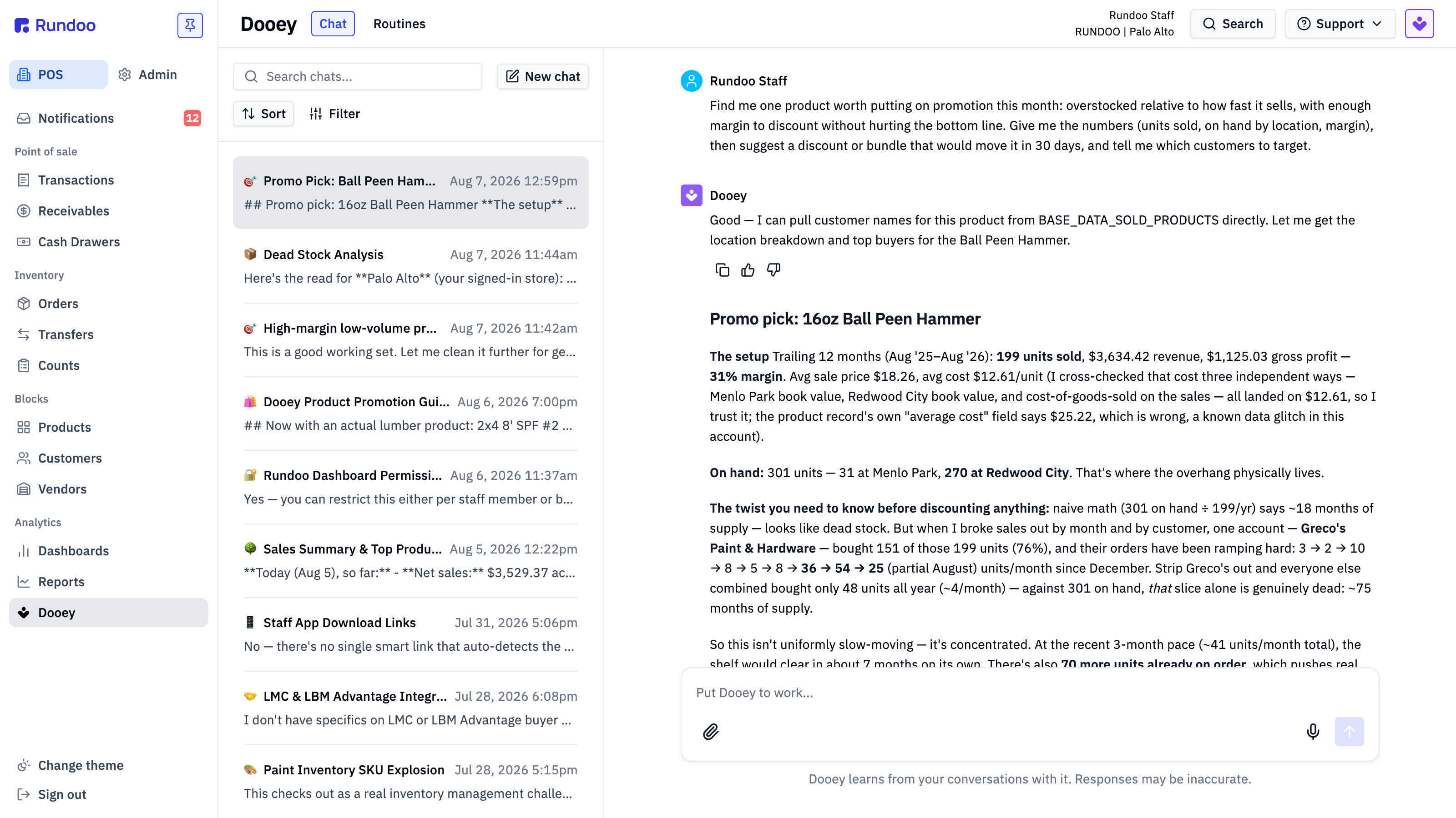 Dooey answering a request for a product worth promoting, picking a 16oz ball peen hammer and laying out units sold, margin, on-hand by location, and the concentration of sales in one account