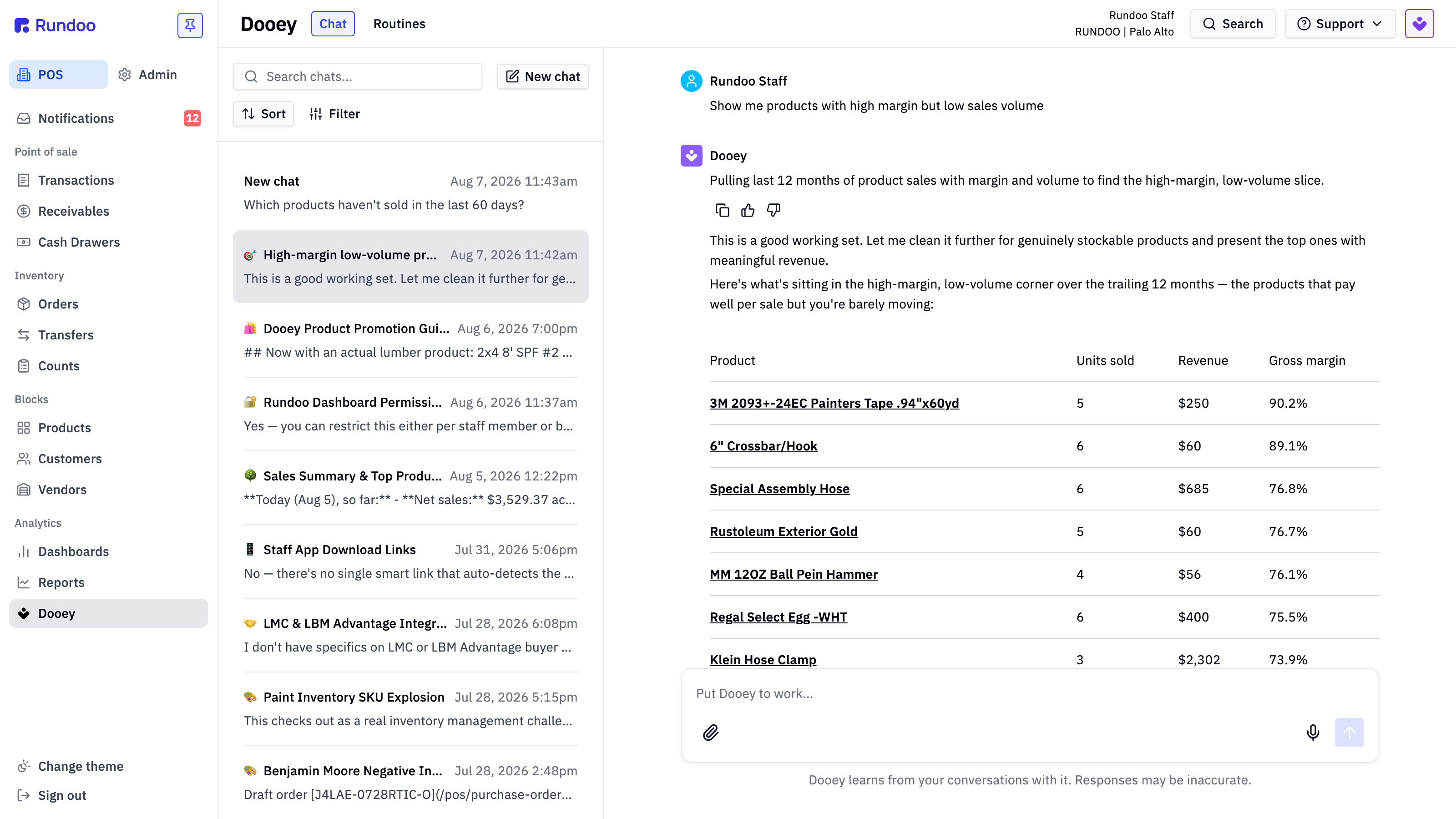Dooey answering the prompt 'Show me products with high margin but low sales volume' with a ranked table of products, units sold, revenue, and gross margin
