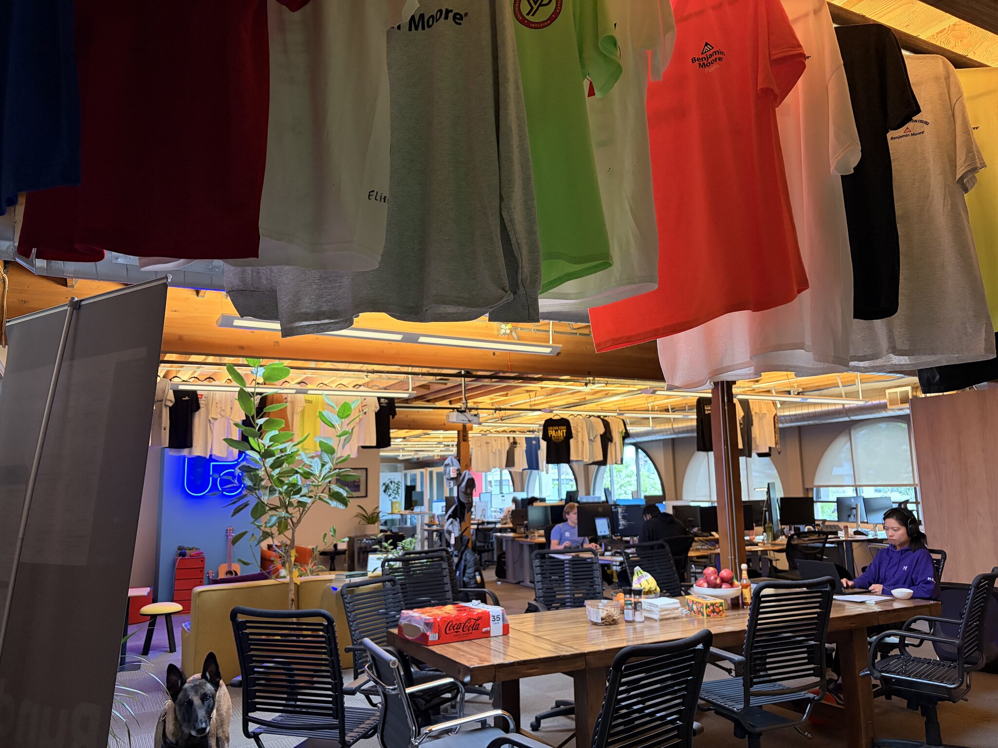 Signed client t-shirts hanging in the Rundoo office