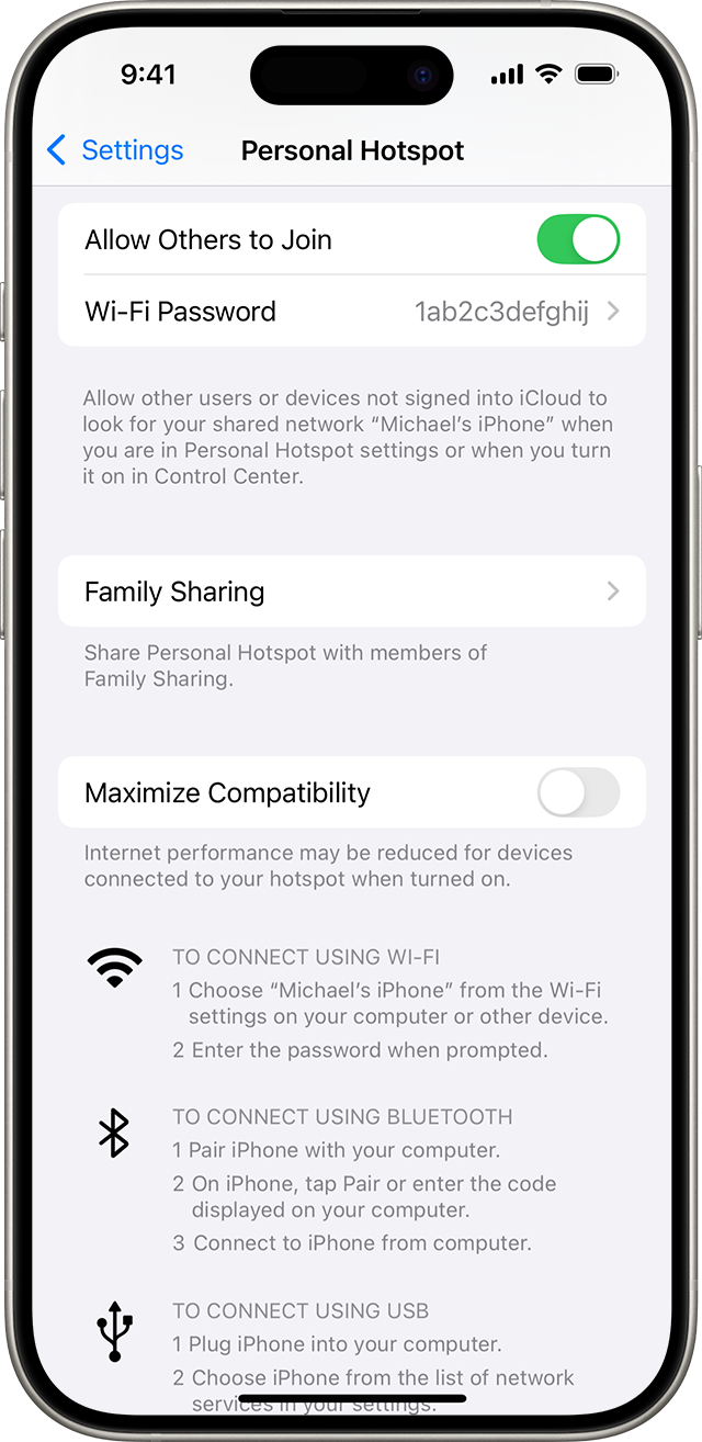 iPhone Personal Hotspot setting screen