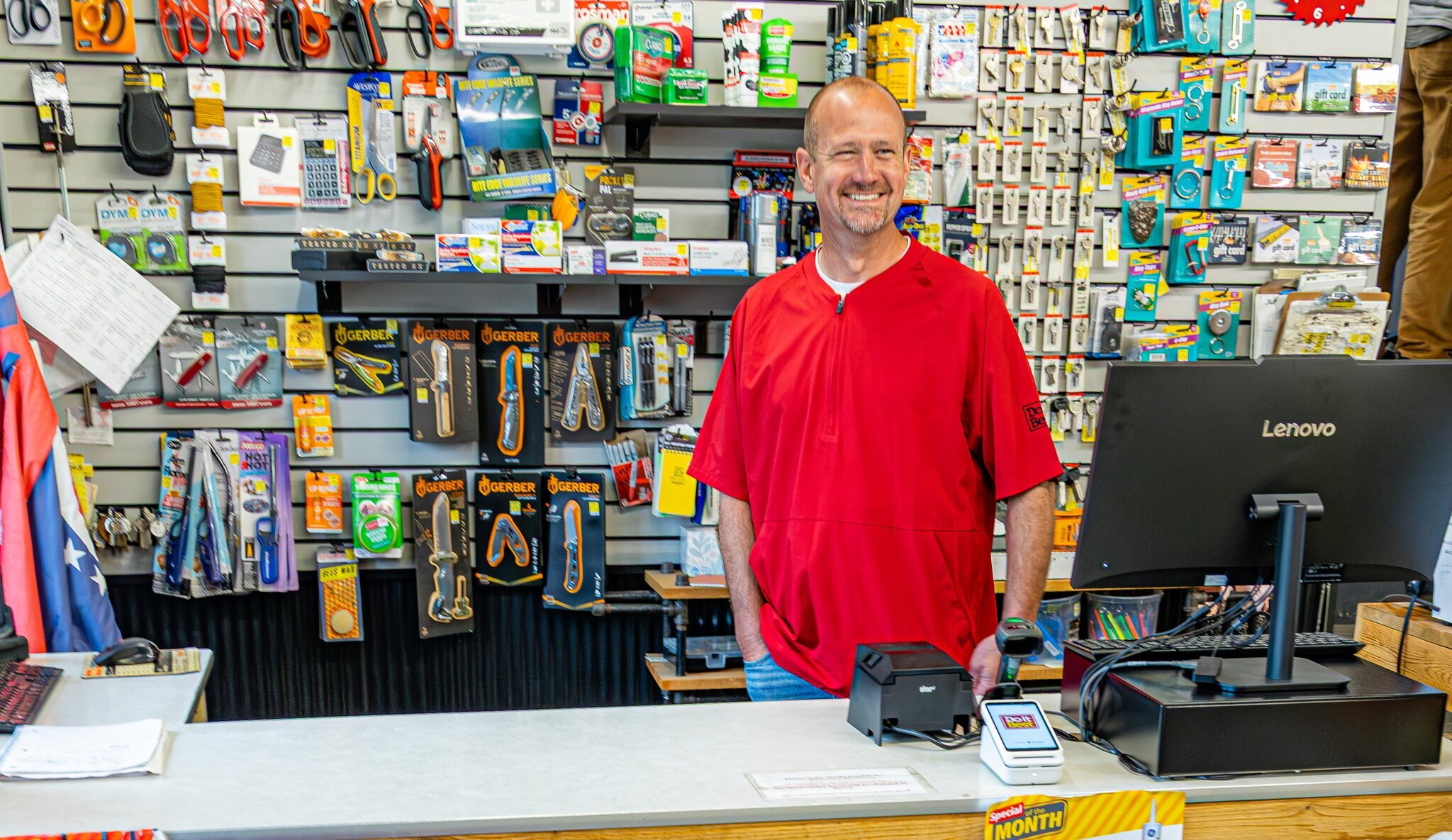 Justin Biery behind the counter at Damascus Hardware