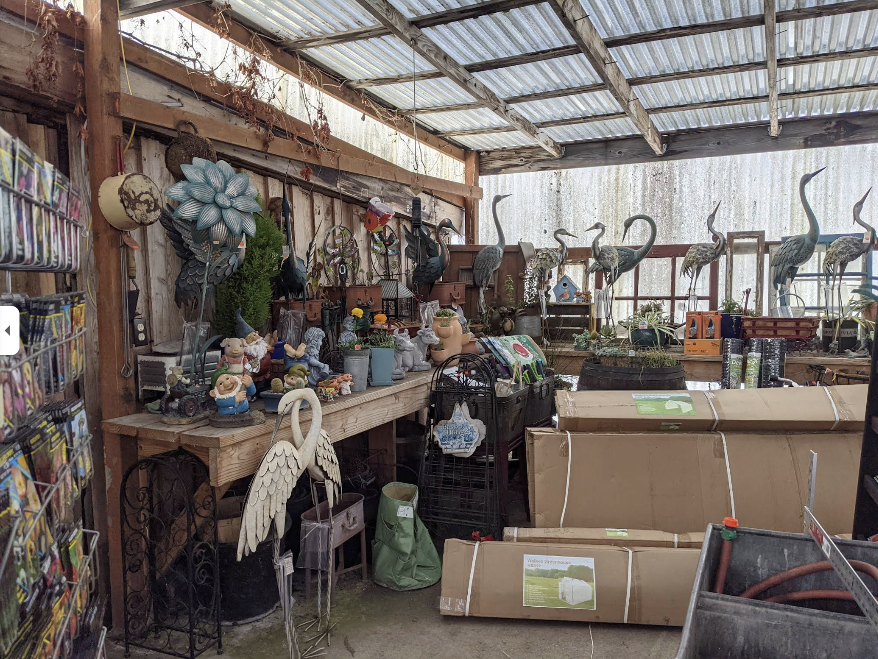 Inside Rusty Gate's greenhouse, packed with garden statues, seed packets, and inventory