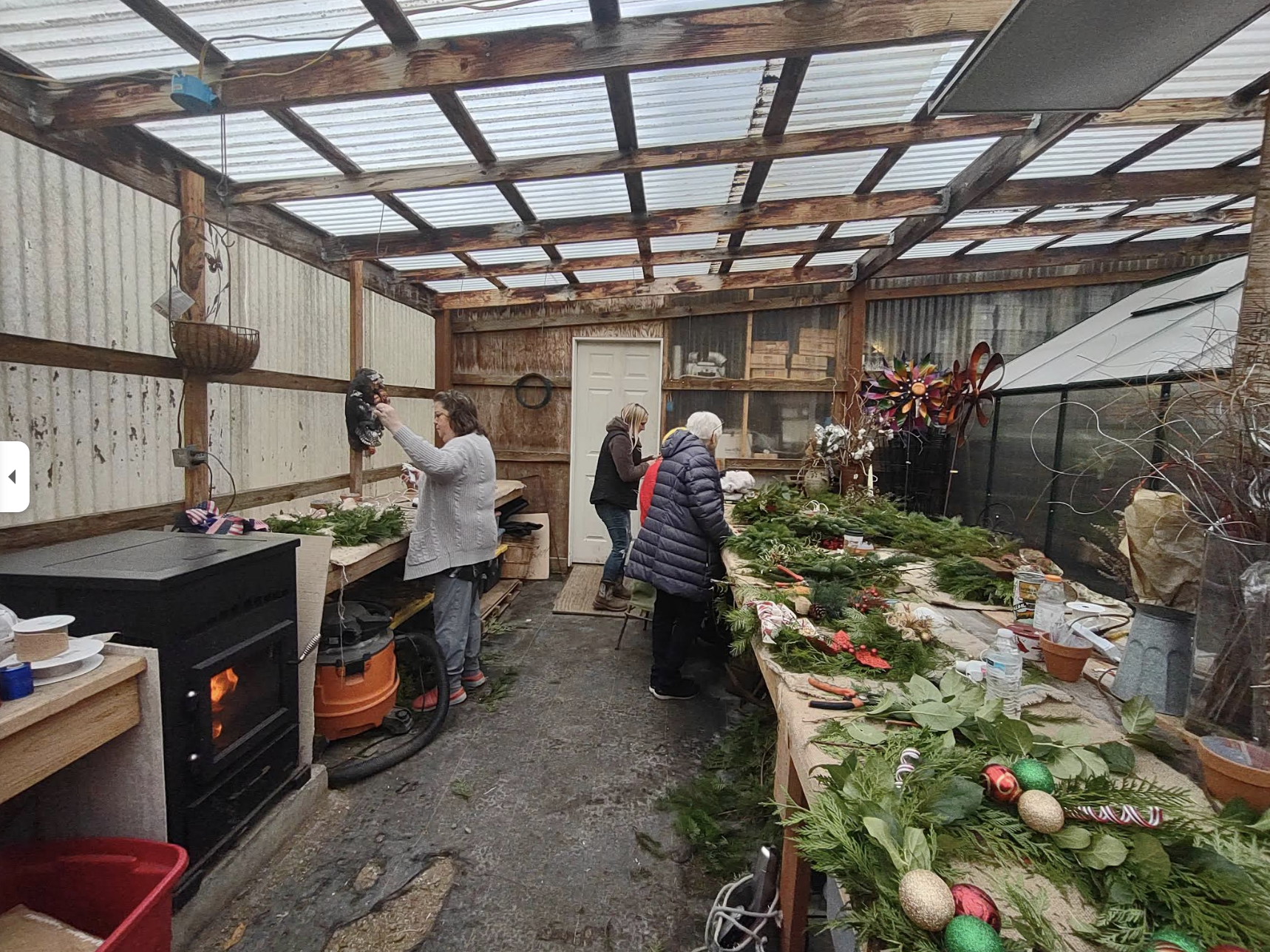 Wreath-making workshop inside Rusty Gate's greenhouse