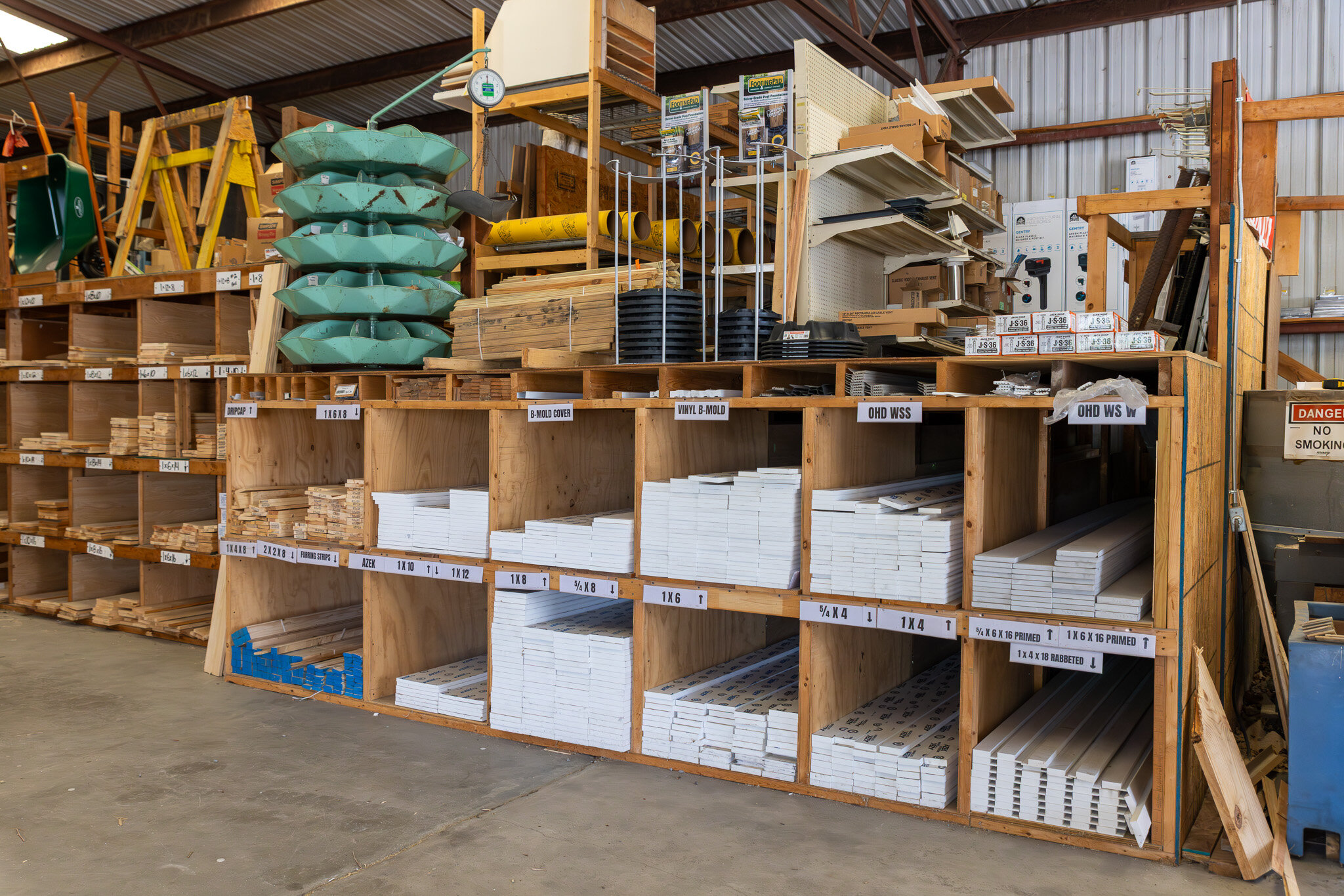 Lumber storage cubbies inside the Vetter Lumber yard