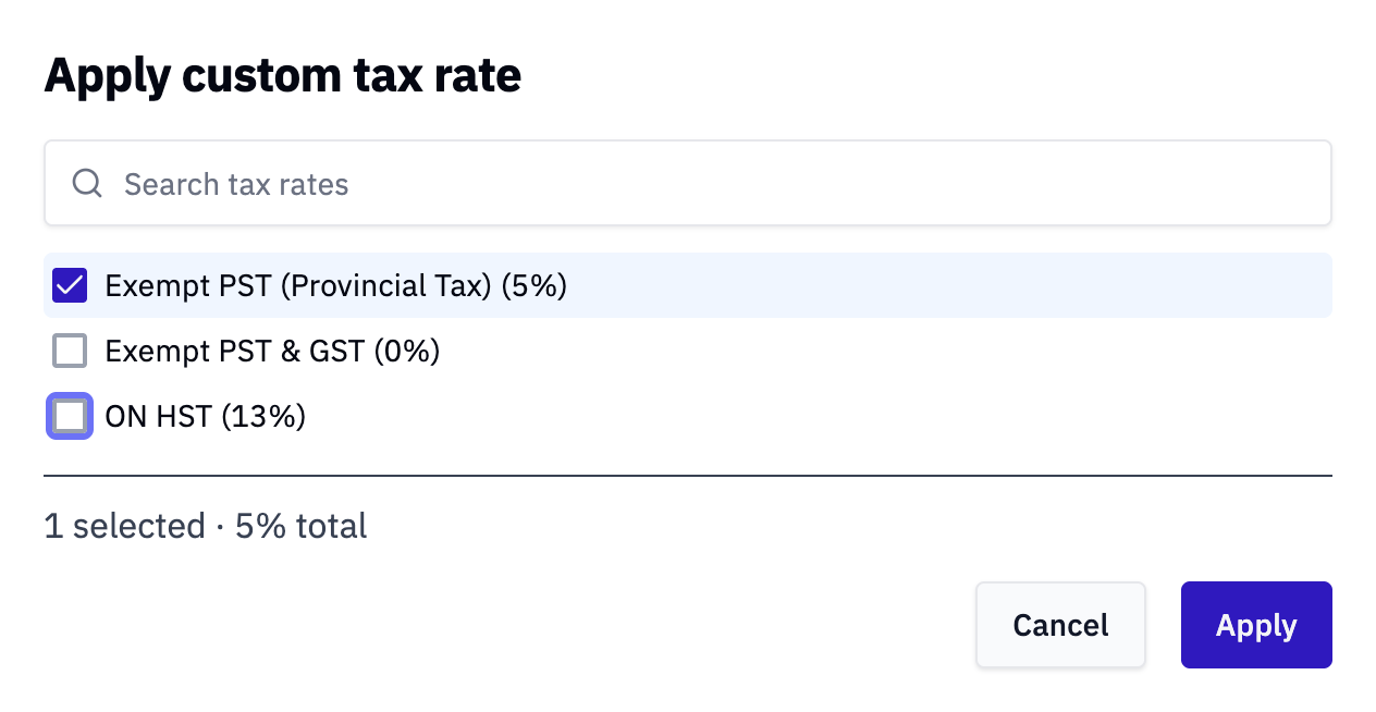 Rundoo's Apply custom tax rate dialog with Exempt PST (Provincial Tax) at 5 percent ticked, above Exempt PST and GST at 0 percent and ON HST at 13 percent.