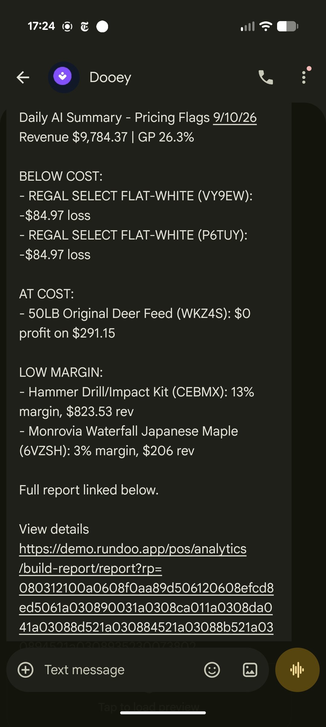 The Dooey Daily AI Summary arriving as a text message, flagging two below-cost sales, a zero-profit line, low-margin items, and a link to the full report