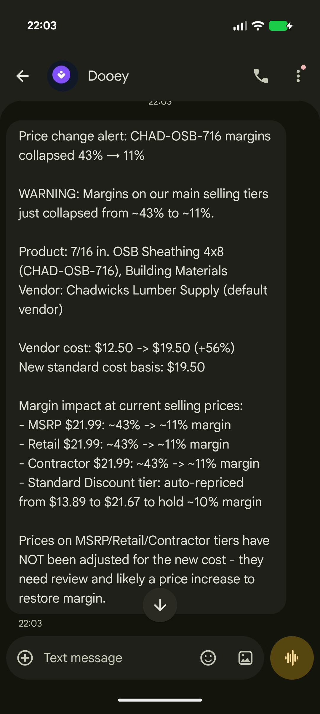 A Dooey price-change alert texted to the owner: a vendor cost jump on OSB sheathing that collapsed margins from 43% to 11%, flagged for a price review