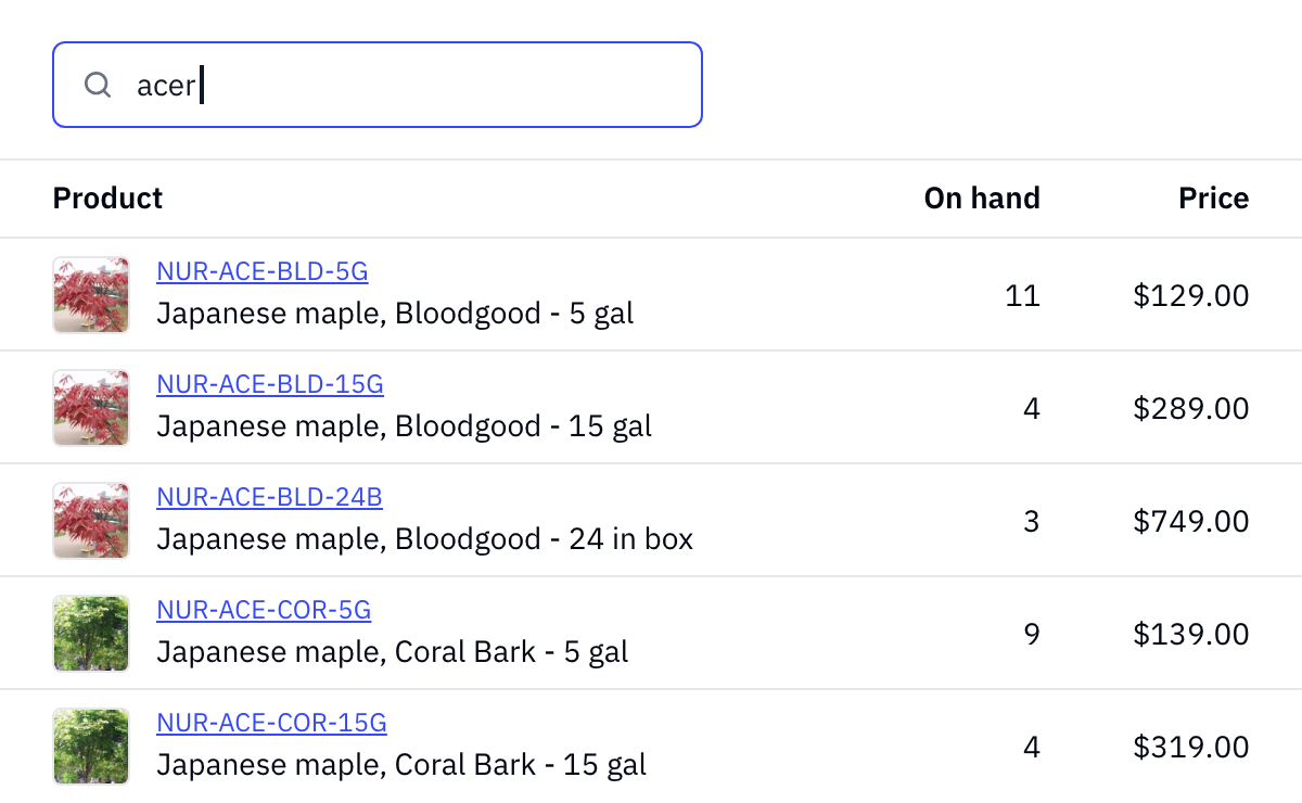 A product search in Rundoo for the botanical name acer, returning five Japanese maples in Bloodgood and Coral Bark from 5 gallon to a 24 inch box, each with a photo, on-hand count and price
