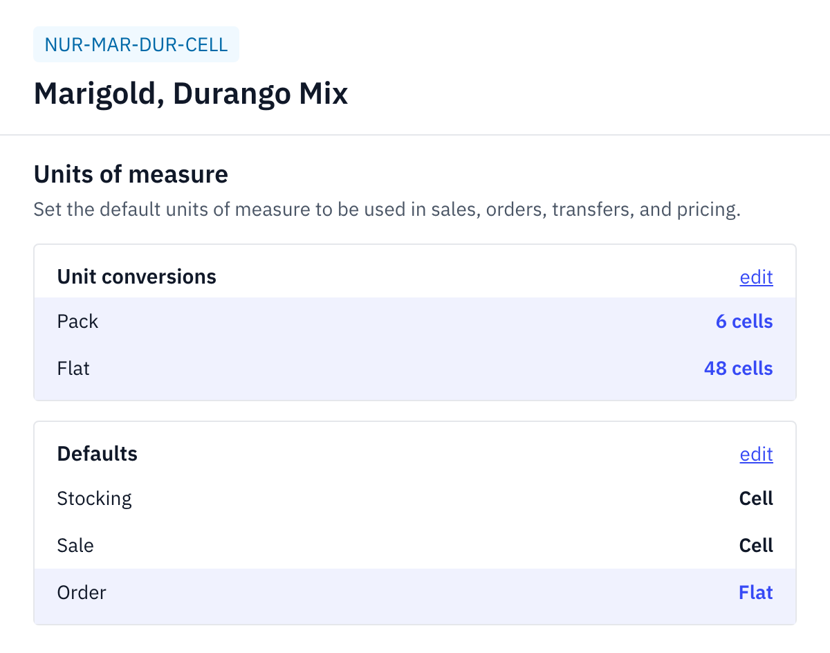 The Units of measure settings for Marigold, Durango Mix in Rundoo: a pack converts to 6 cells and a flat to 48 cells, the plant is stocked and sold by the cell, and it is ordered by the flat by default