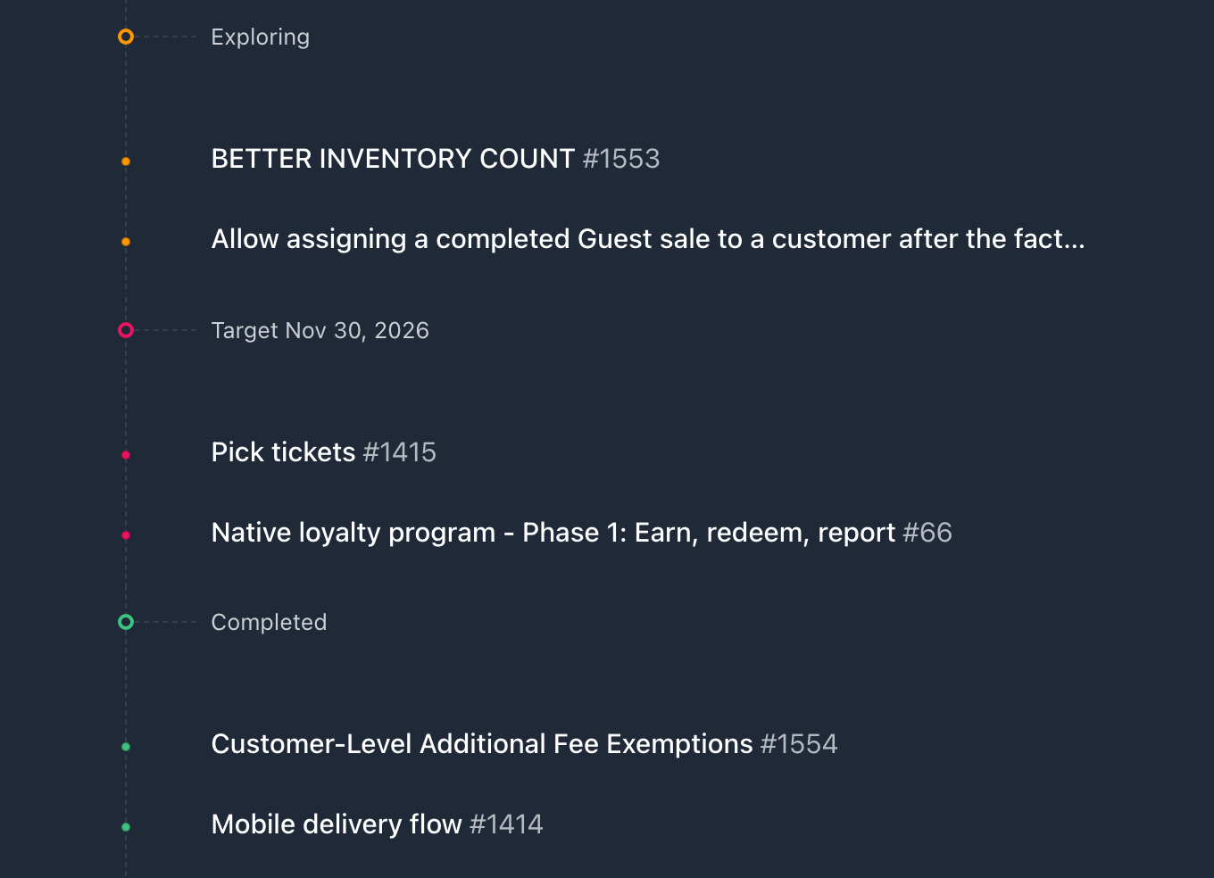 The live Rundoo idea board: real store requests grouped by status, from Exploring to target launch dates to Completed.
