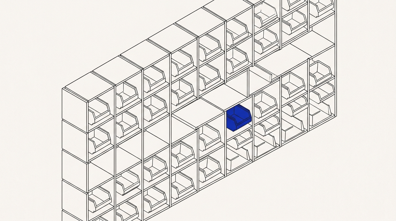 Isometric diagram of a modular store-shelf system holding distinct bins, with a cobalt accent on one bin