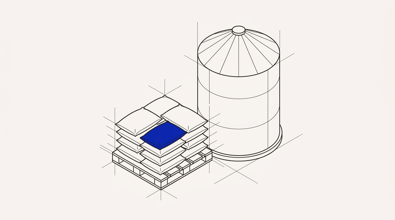 Isometric diagram of feed sacks on a pallet beside a grain silo, cobalt accent on one sack