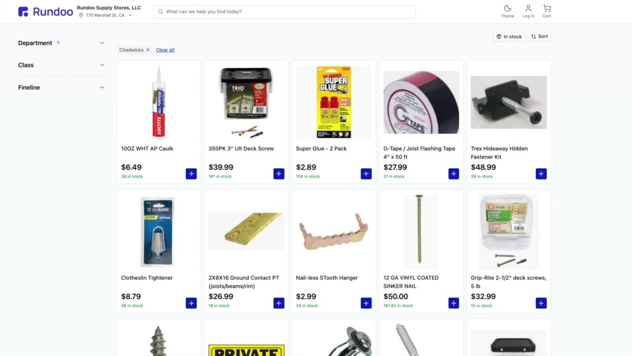 Rundoo's catalog view of a hardware aisle, with caulk, deck screws, and fasteners priced and stocked on every card