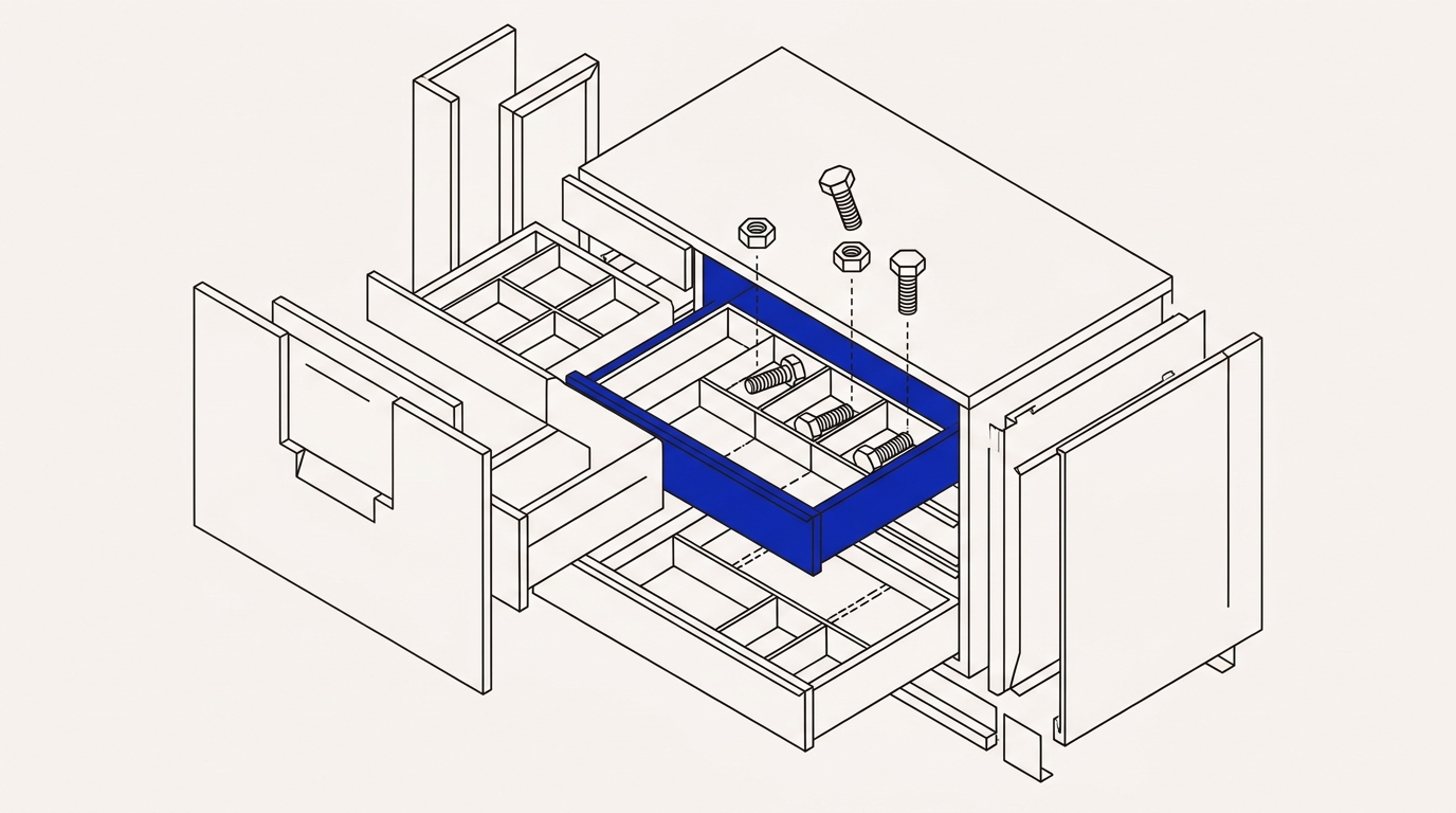 Isometric exploded view of a hardware parts-bin cabinet with open drawers and floating bolts, cobalt accent on one drawer