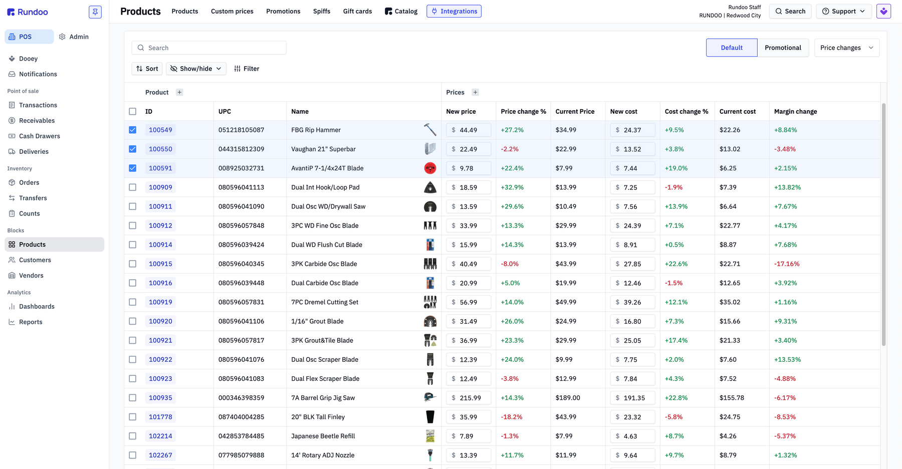 Rundoo price-changes screen listing each product with its new price, price change percentage, new cost, cost change percentage, and margin change