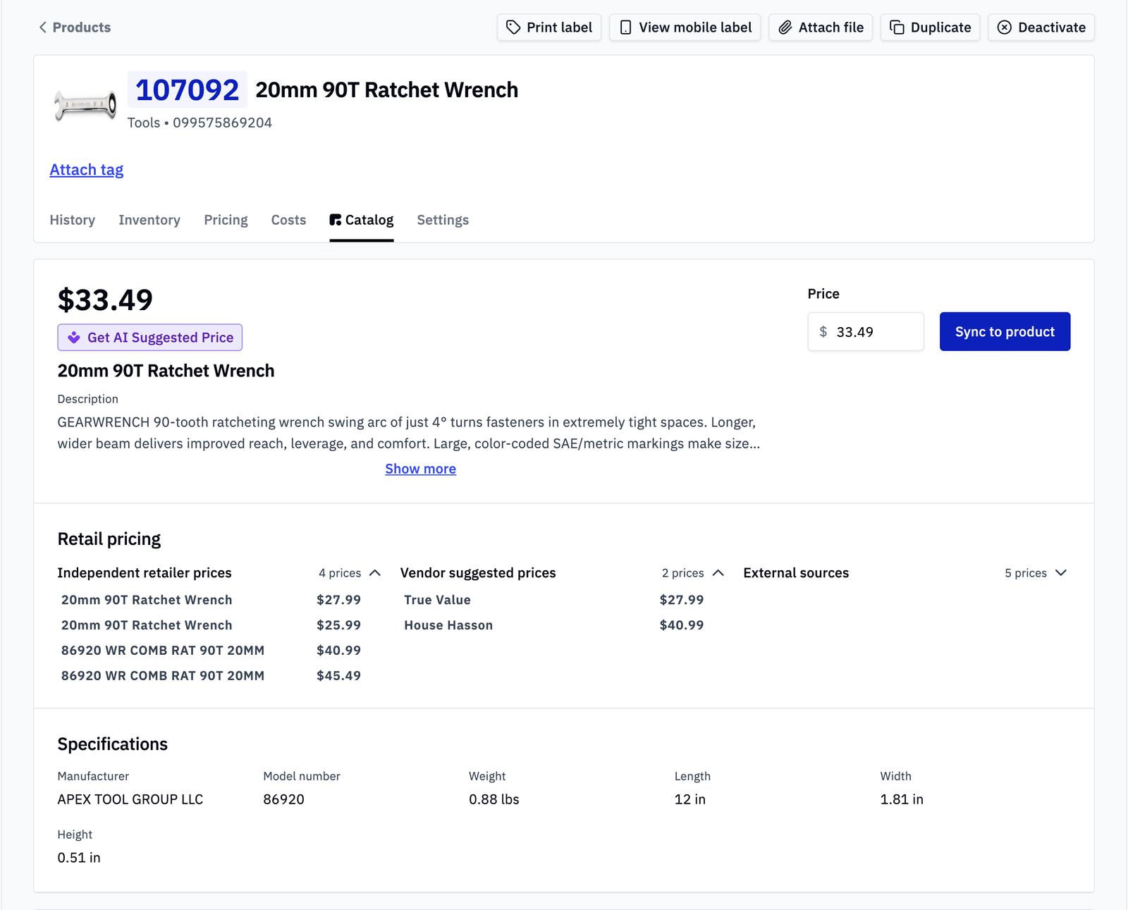 Rundoo product page for a ratchet wrench showing an AI suggested price alongside independent retailer prices, vendor suggested prices, and external source pricing