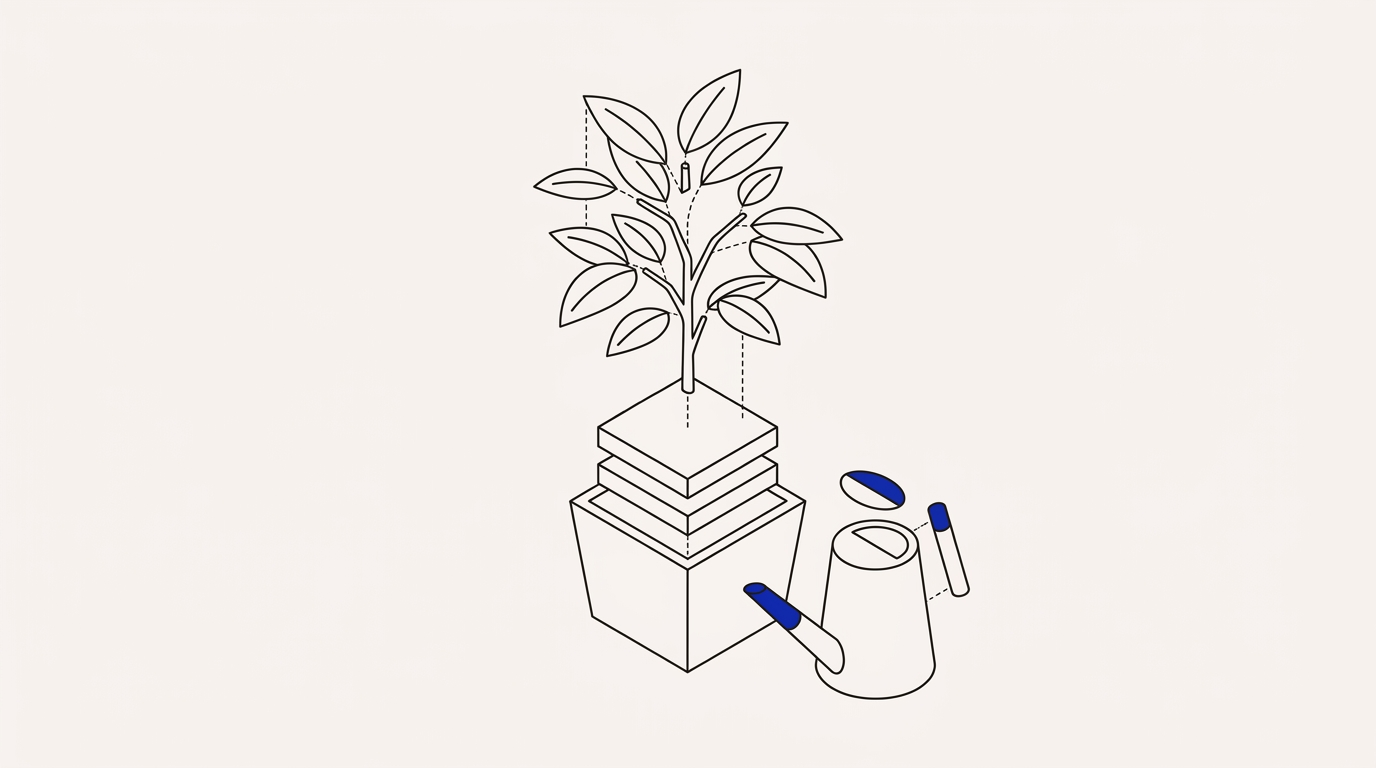 Isometric exploded view of a potted plant with soil layers and a watering can, cobalt accent on the watering can
