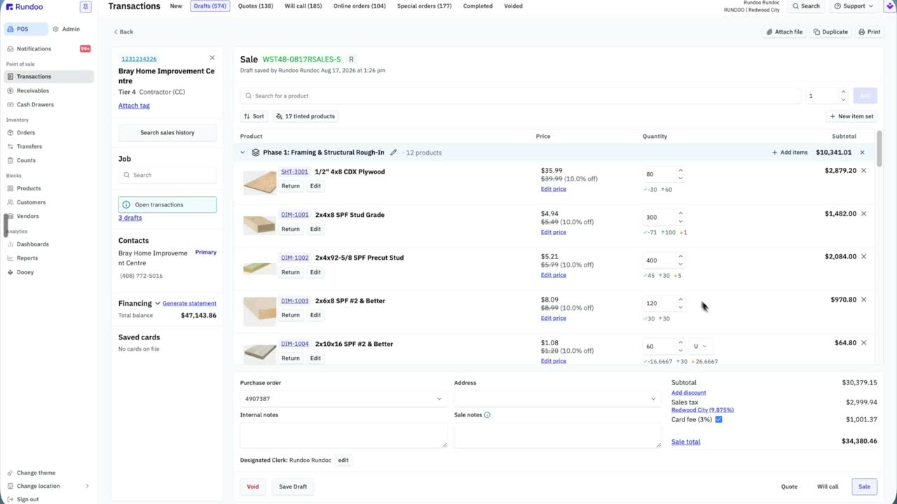 Rundoo's point of sale with a lumber contractor sale open, showing item-set phases, per-piece and per-unit quantities, and tiered contractor pricing on each dimensional line