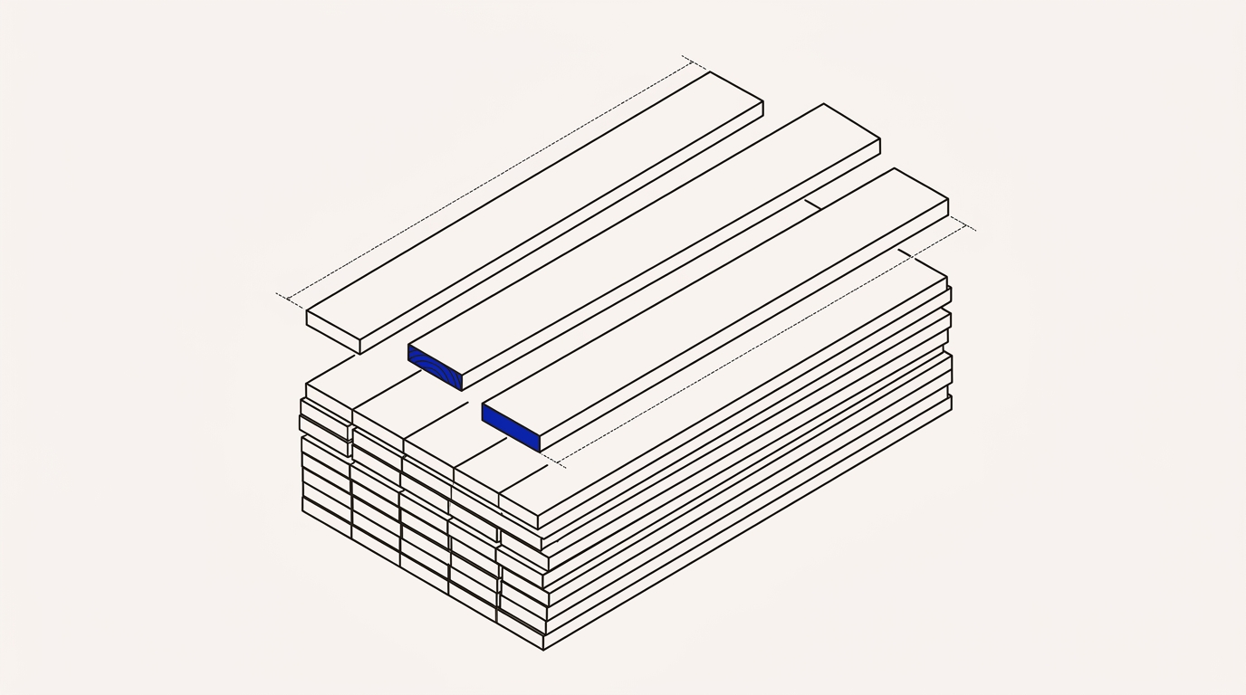 Isometric diagram of a stack of dimensional lumber with exploded boards and dashed measurement lines, cobalt accent on one board's end grain