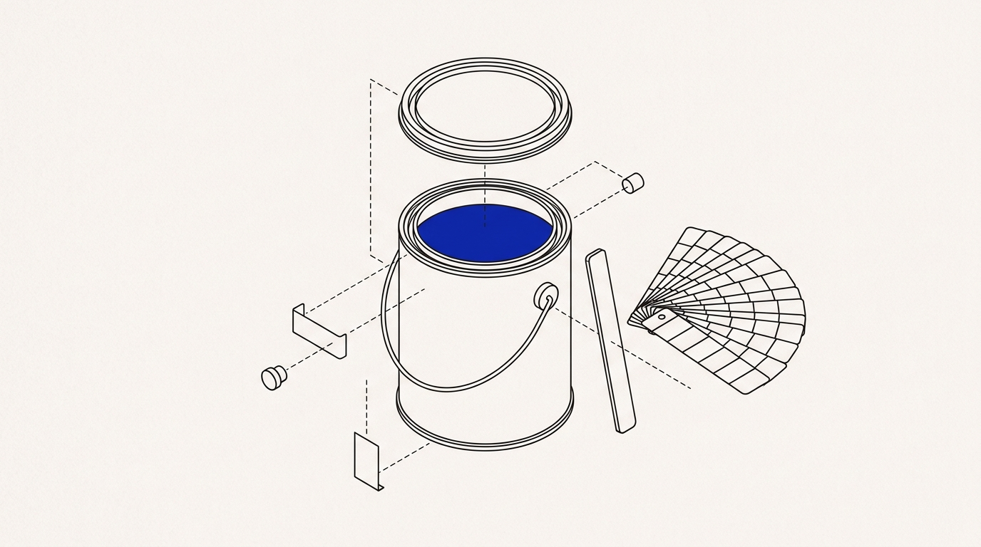 Isometric exploded view of a paint can with lid, stir stick, and color fan deck, cobalt accent on the paint