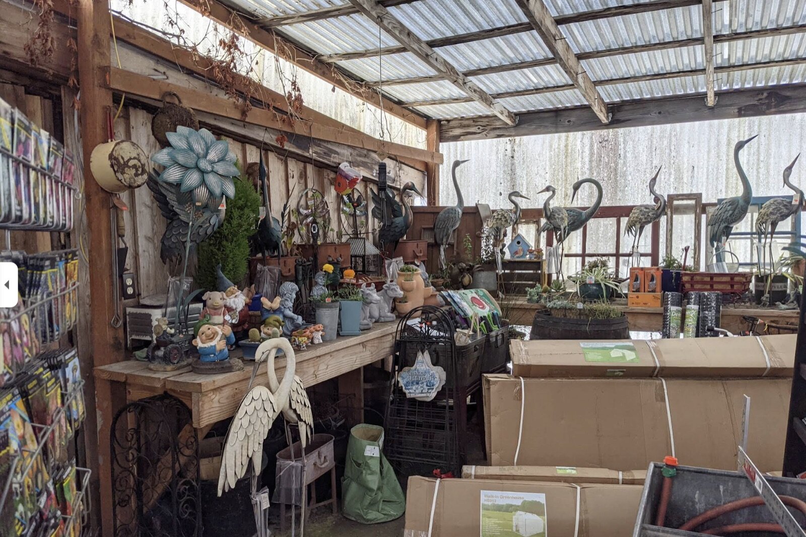 Seed racks, garden statuary and heron sculptures inside the greenhouse at Rusty Gate Nursery