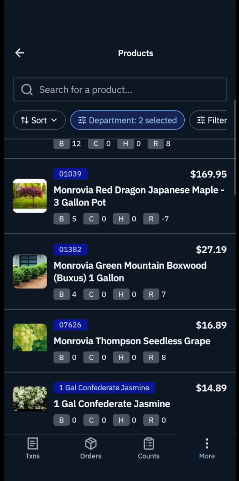 The Rundoo Staff app on a phone, listing Japanese maple, boxwood, grape vines and jasmine with price and on-hand stock by location