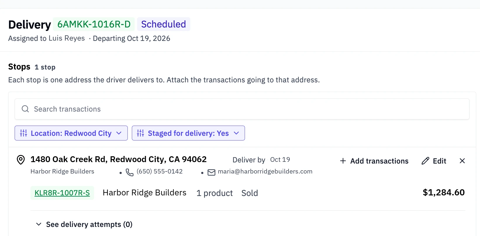 The scheduled delivery Dooey created: assigned driver and departure date, one stop with the address, contact, deliver-by date, and the sale attached.