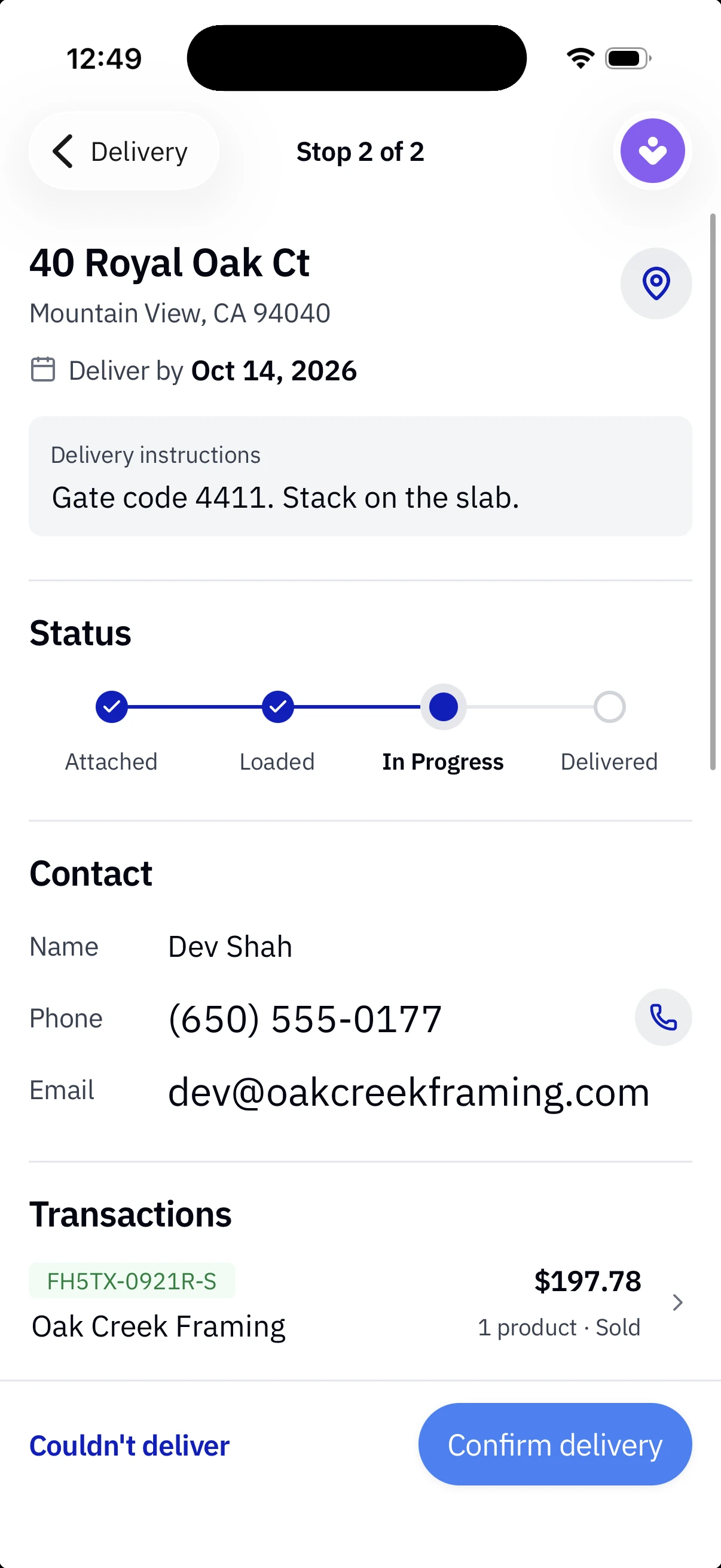 A delivery stop in the Rundoo Staff App: the address with a directions button, deliver-by date, delivery instructions, a status track at In Progress, the contact with a call button, the sale on the stop, and Couldn't deliver and Confirm delivery buttons.