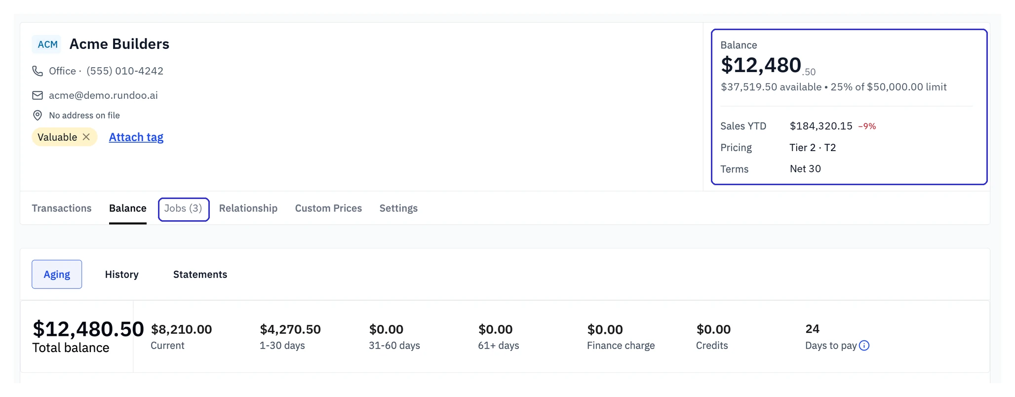 Contractor account showing balance, available credit, terms, jobs, and account aging in Rundoo.