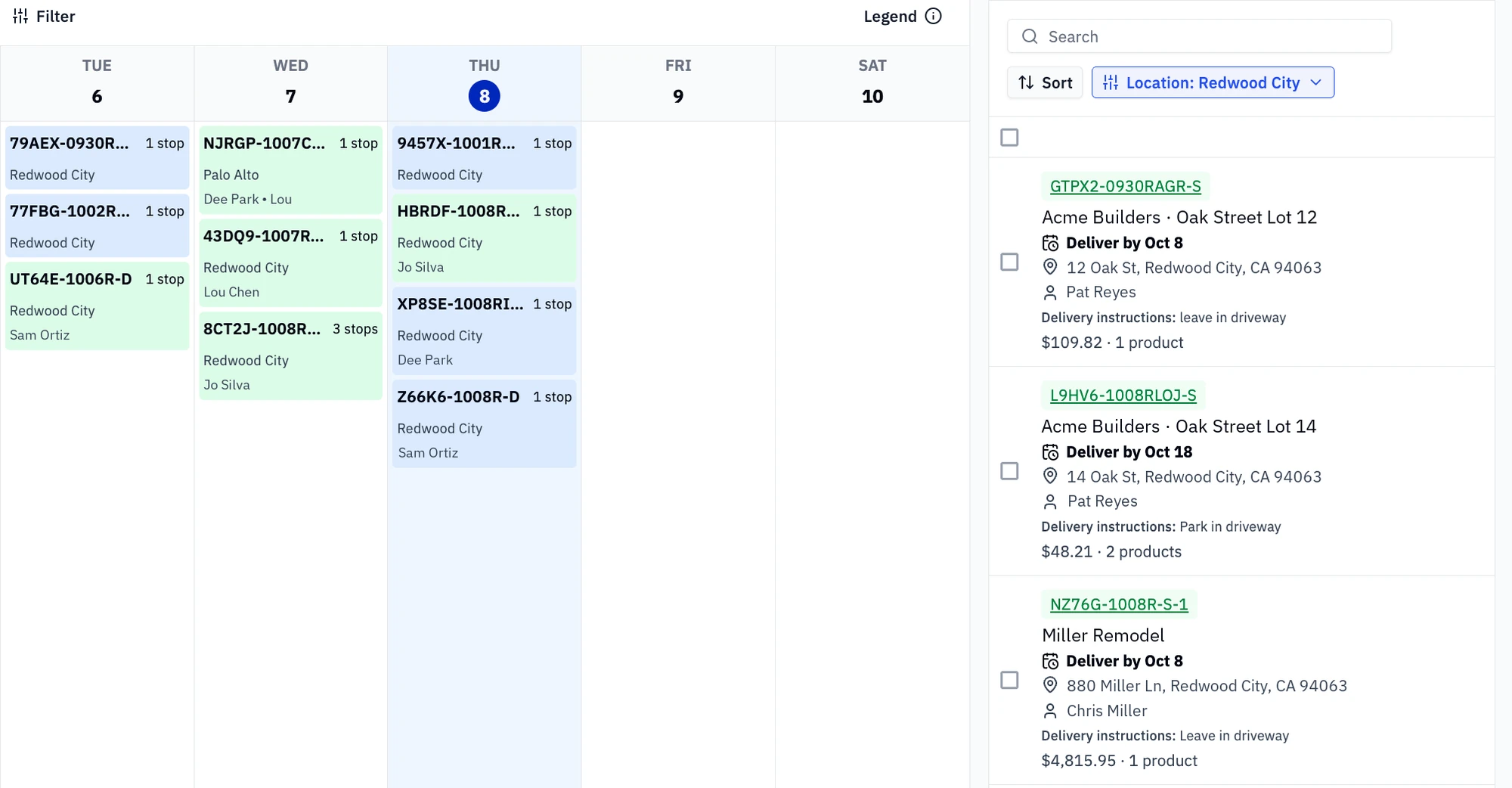 Rundoo Deliveries calendar for one week with scheduled delivery cards by location and driver, beside the To schedule panel listing deliveries waiting for a date, each with address, contact, and delivery instructions.