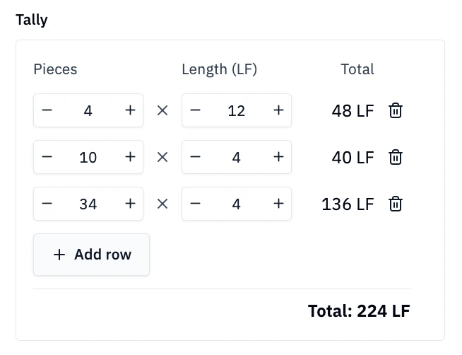 Rundoo Tally interface calculating total linear feet from piece counts and lengths.