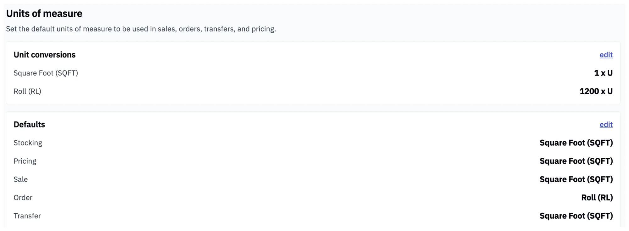 A product's Units of measure settings in Rundoo: unit conversions with factors back to the base unit, and a default unit for stocking, pricing, sale, order, and transfer
