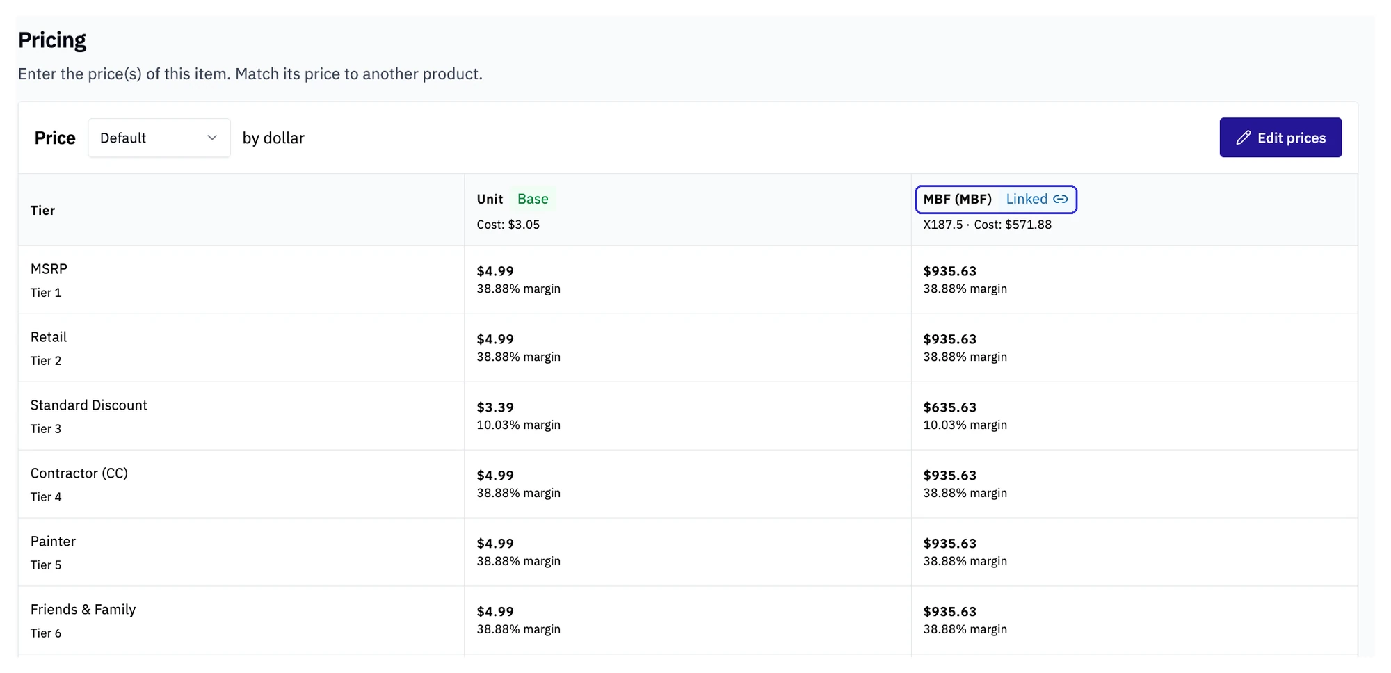 A Spruce 2x4x8 product's Pricing tab in Rundoo: each tier priced per unit and per MBF, the MBF column linked to the base unit at 187.5 pieces per thousand board feet