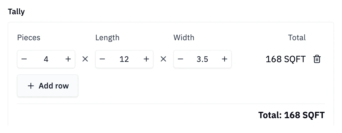 Rundoo Tally with pieces, length, and width columns totaling 168 square feet on one line
