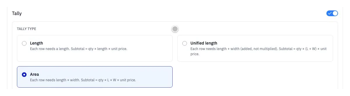 A product's Tally setting in Rundoo with three tally types: Length, Unified length, and Area, each with its subtotal formula