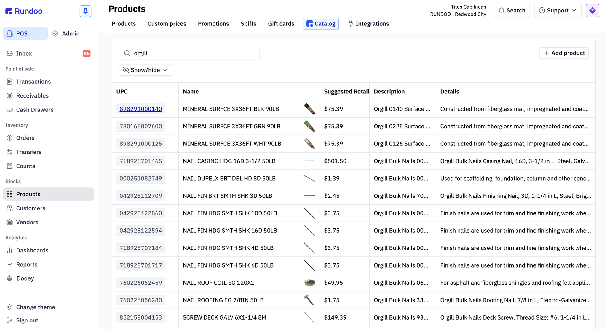 The Rundoo Catalog tab showing a search for Orgill products with UPC, name, suggested retail, and description columns