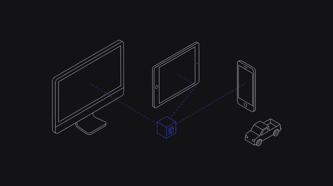 Desktop, tablet, and phone connected by dashed lines to a single store cube, with a small pickup truck at the jobsite end