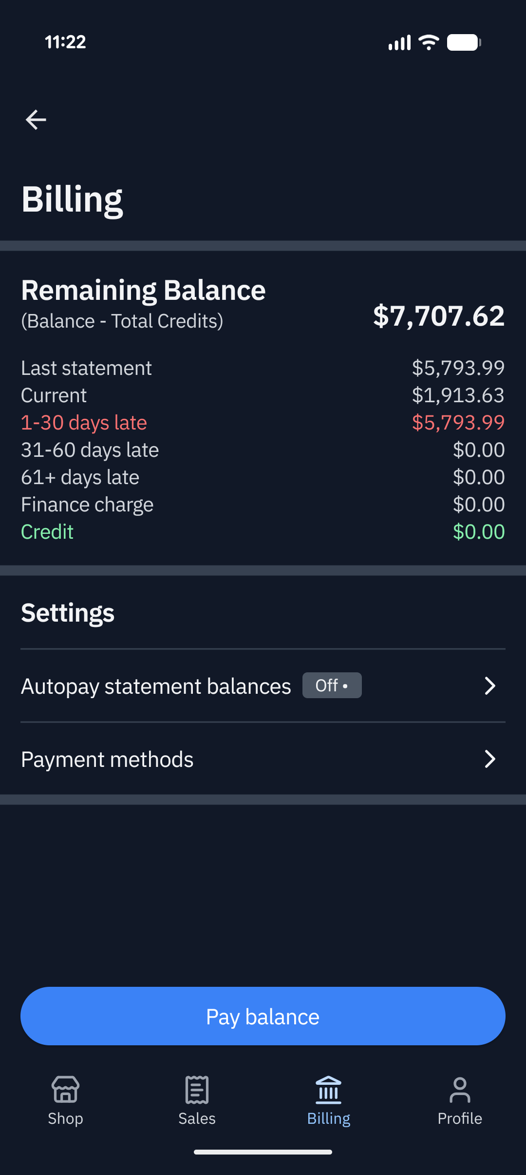 The Rundoo Customer app Billing screen on a phone: a $7,707.62 remaining balance split into last statement, current, and aging buckets, autopay and payment-method settings, and a Pay balance button.