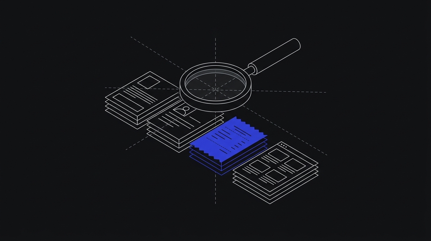 Magnifying glass over a fanned deck of product, customer, receipt, and vendor catalog cards