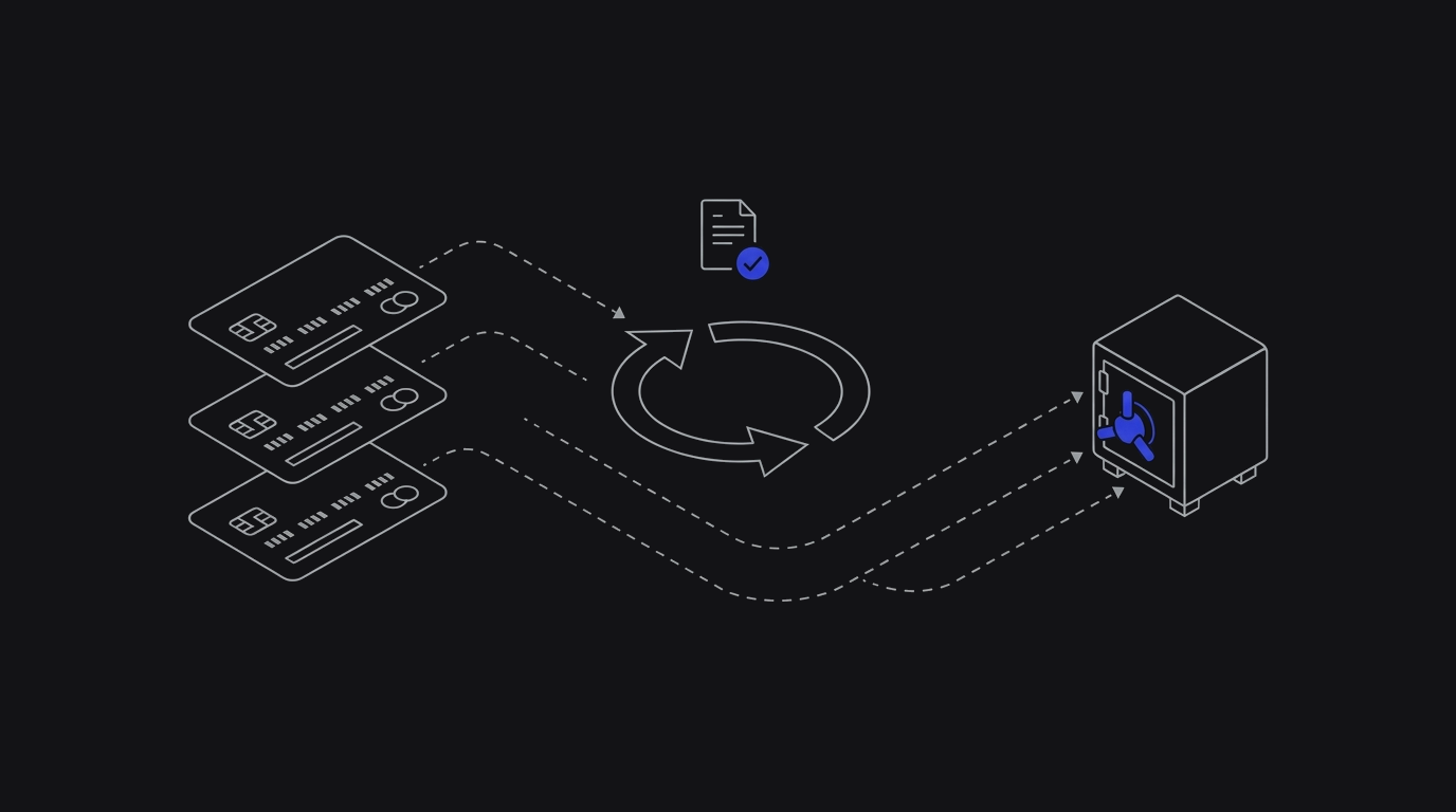 Stack of credit cards flowing through an autopay loop into a cobalt vault, with an invoice checkmark above