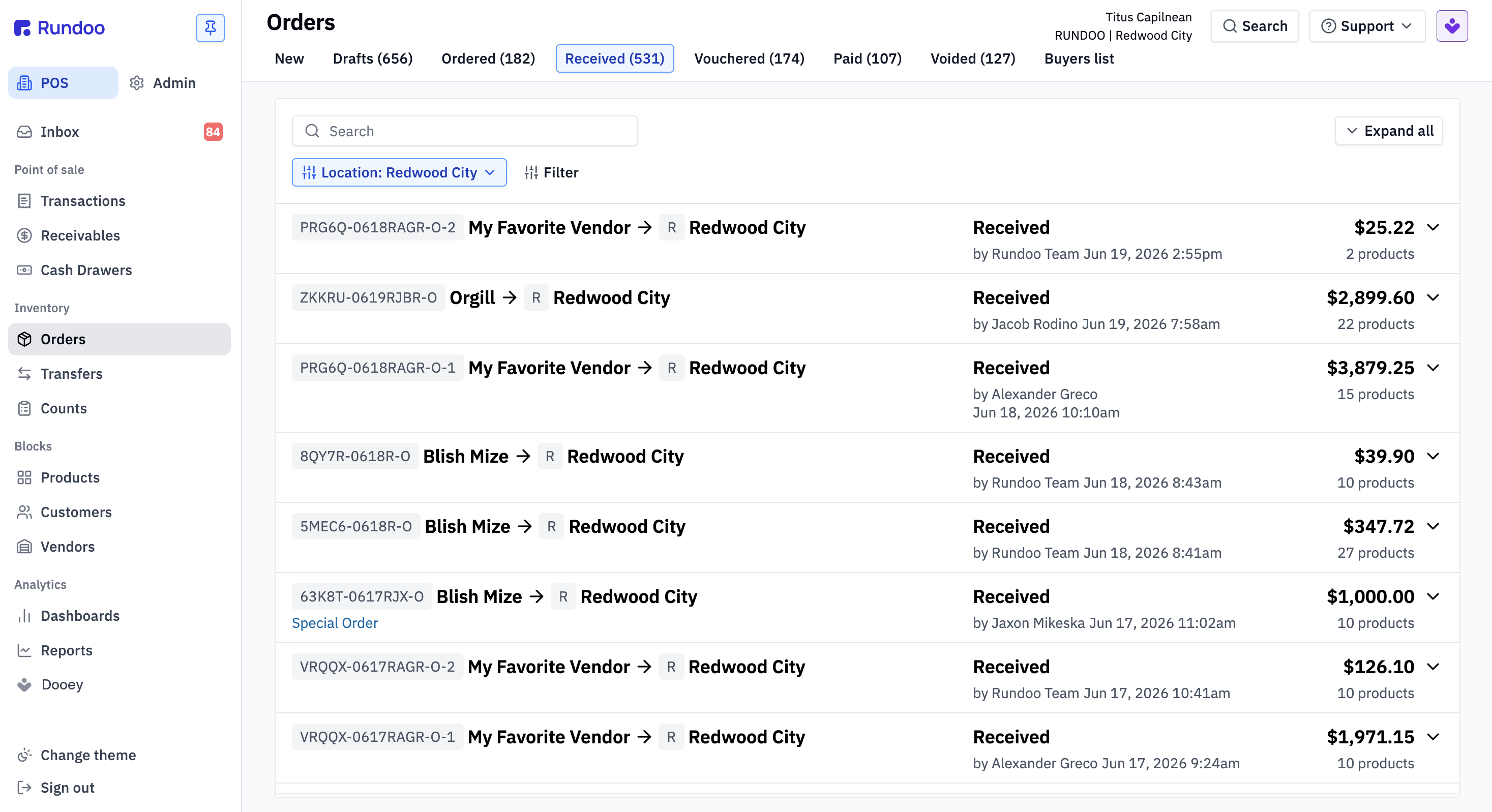 Stacked inventory, purchasing, and pricing panels in Rundoo