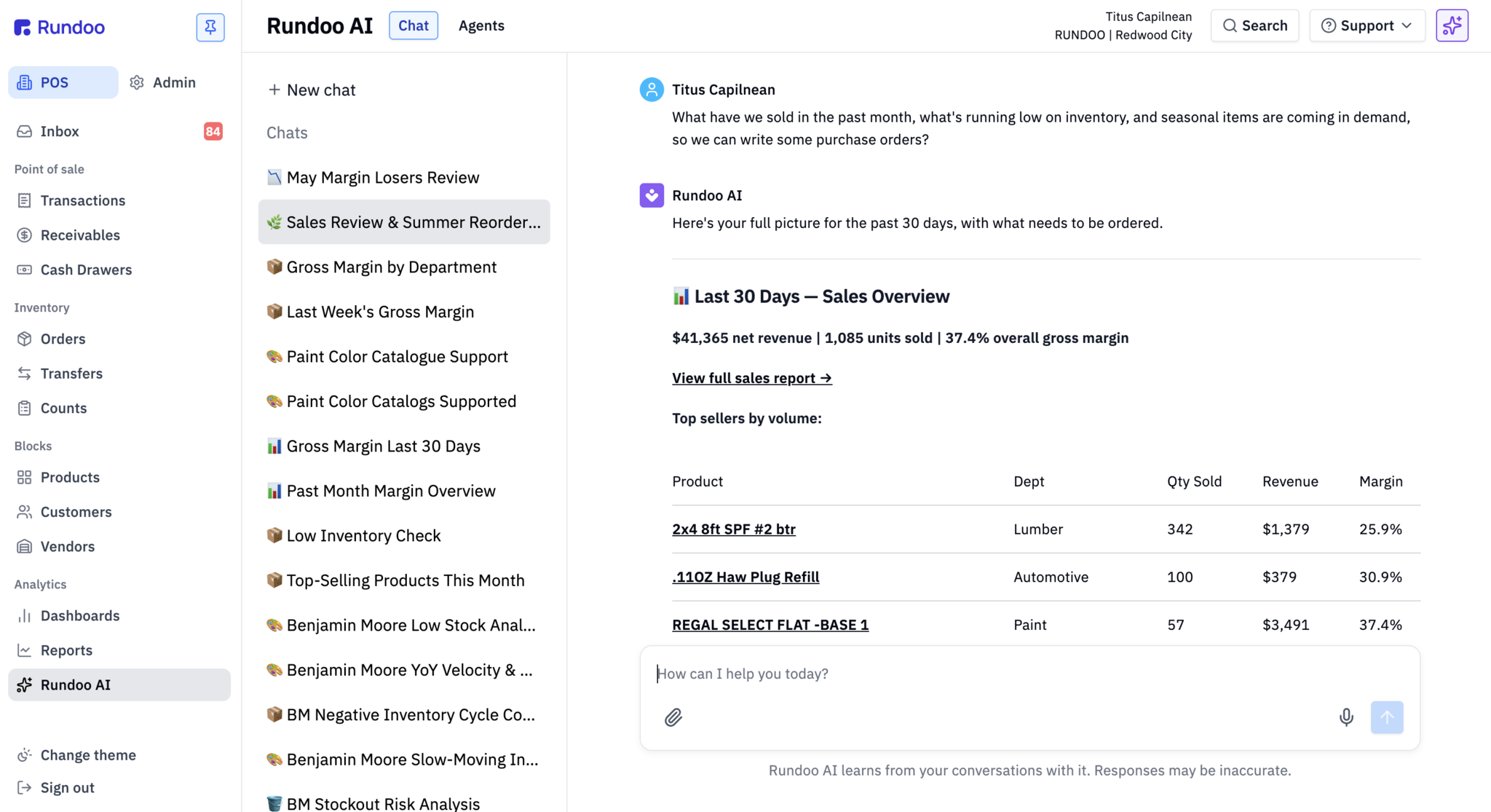 Rundoo AI chat answering a sales, inventory, and reorder question with a 30-day sales overview