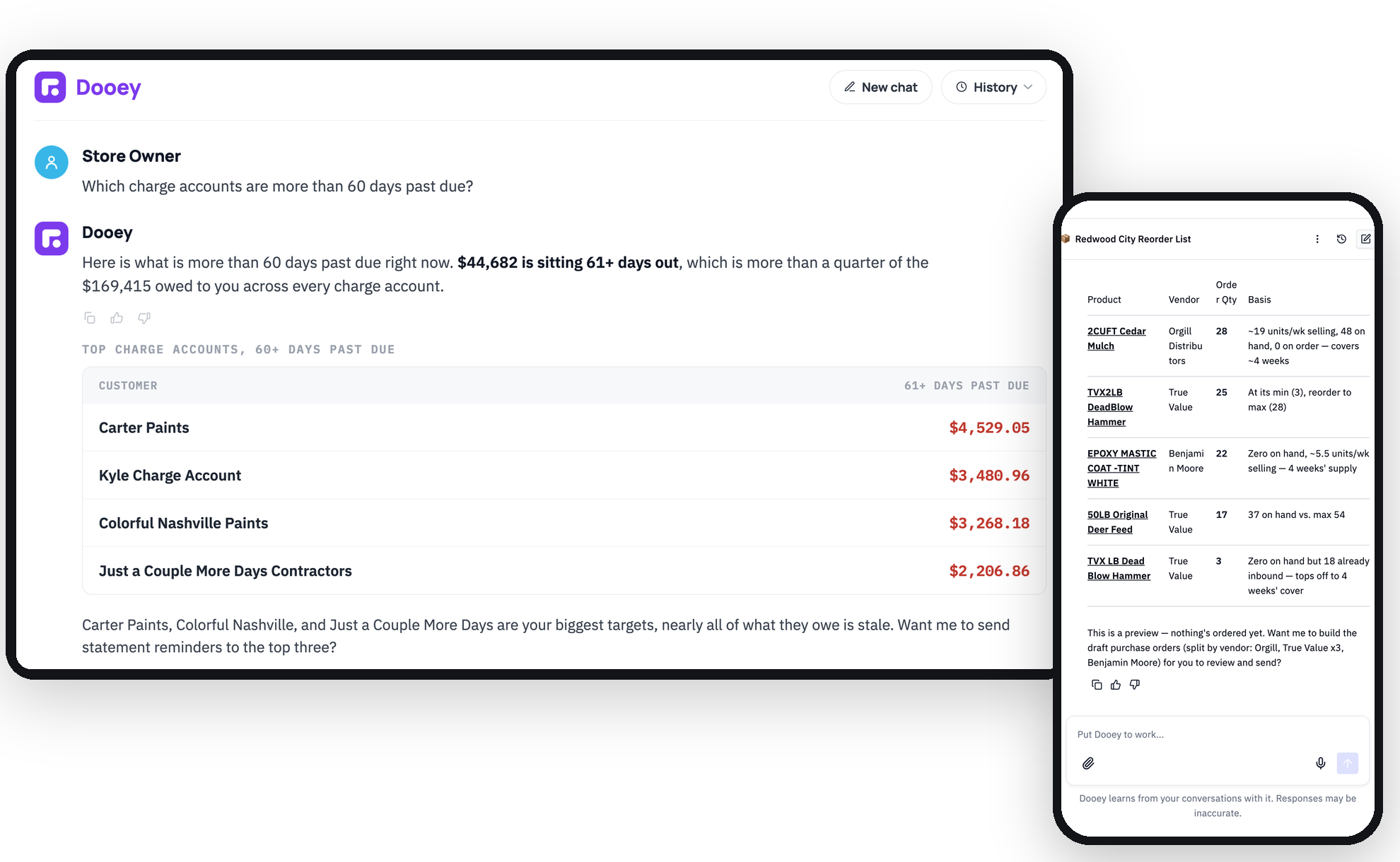 Dooey on a store's monitor flagging $44,682 in charge accounts more than 60 days past due, next to the Dooey mobile app drafting a reorder list on a phone