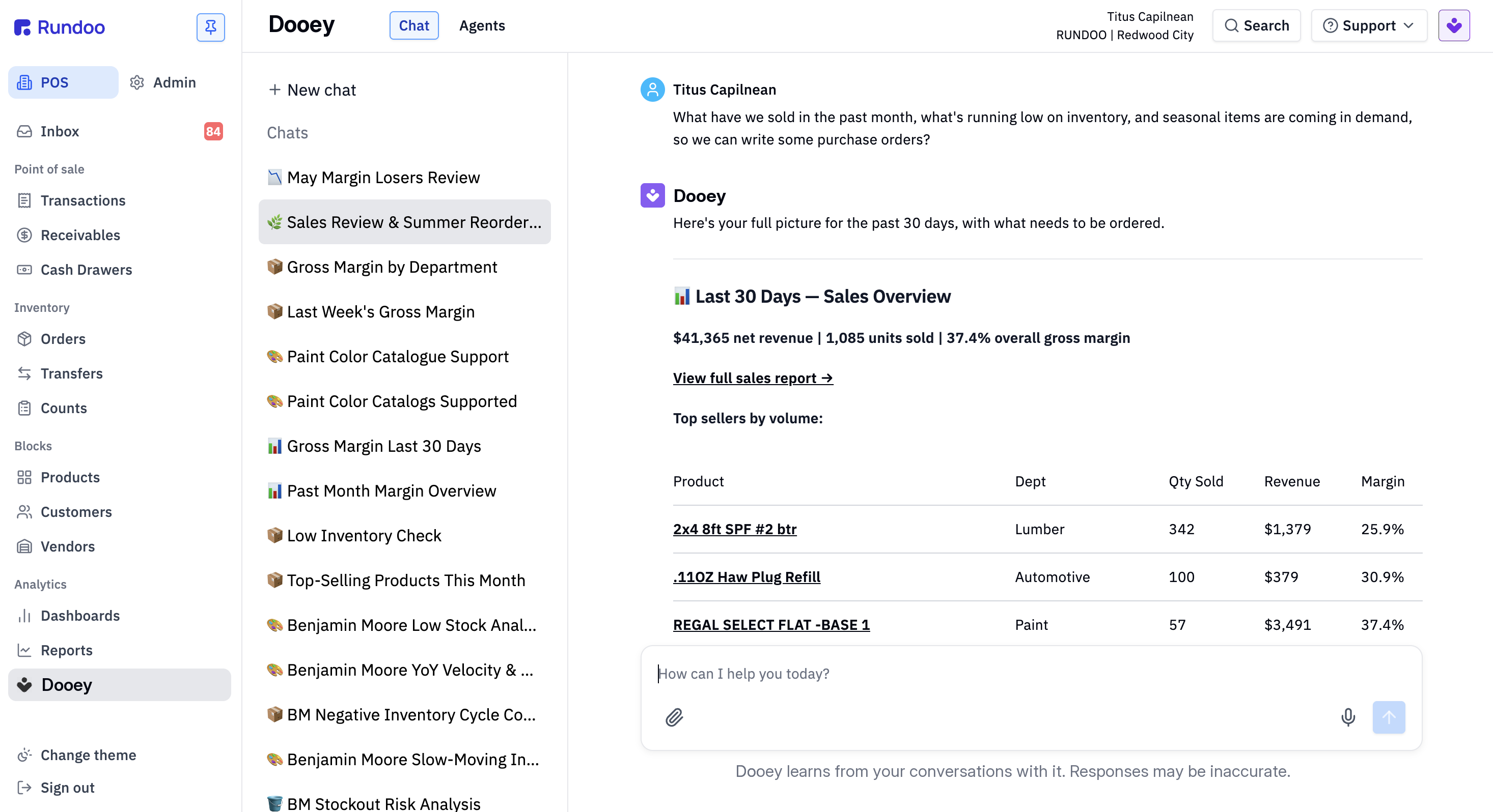 Dooey chat answering a sales, inventory, and reorder question with a 30-day sales overview
