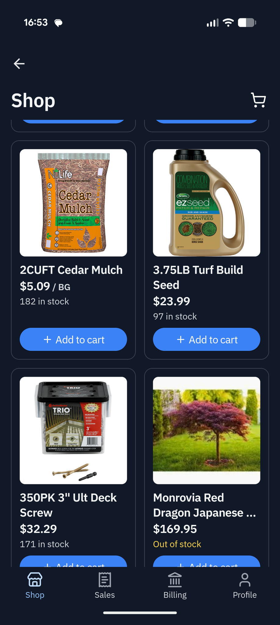 A Customer app Shop screen showing a product grid with catalog photos, prices, in-stock counts, and add-to-cart controls