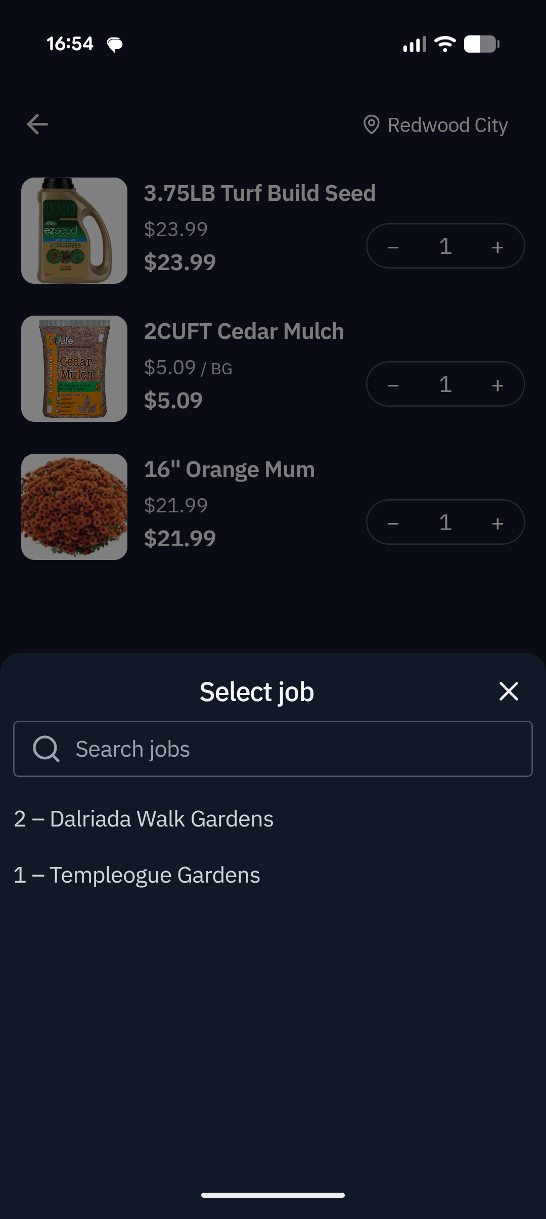 A Customer app cart with a Select job sheet open, attaching the pickup order to a specific job