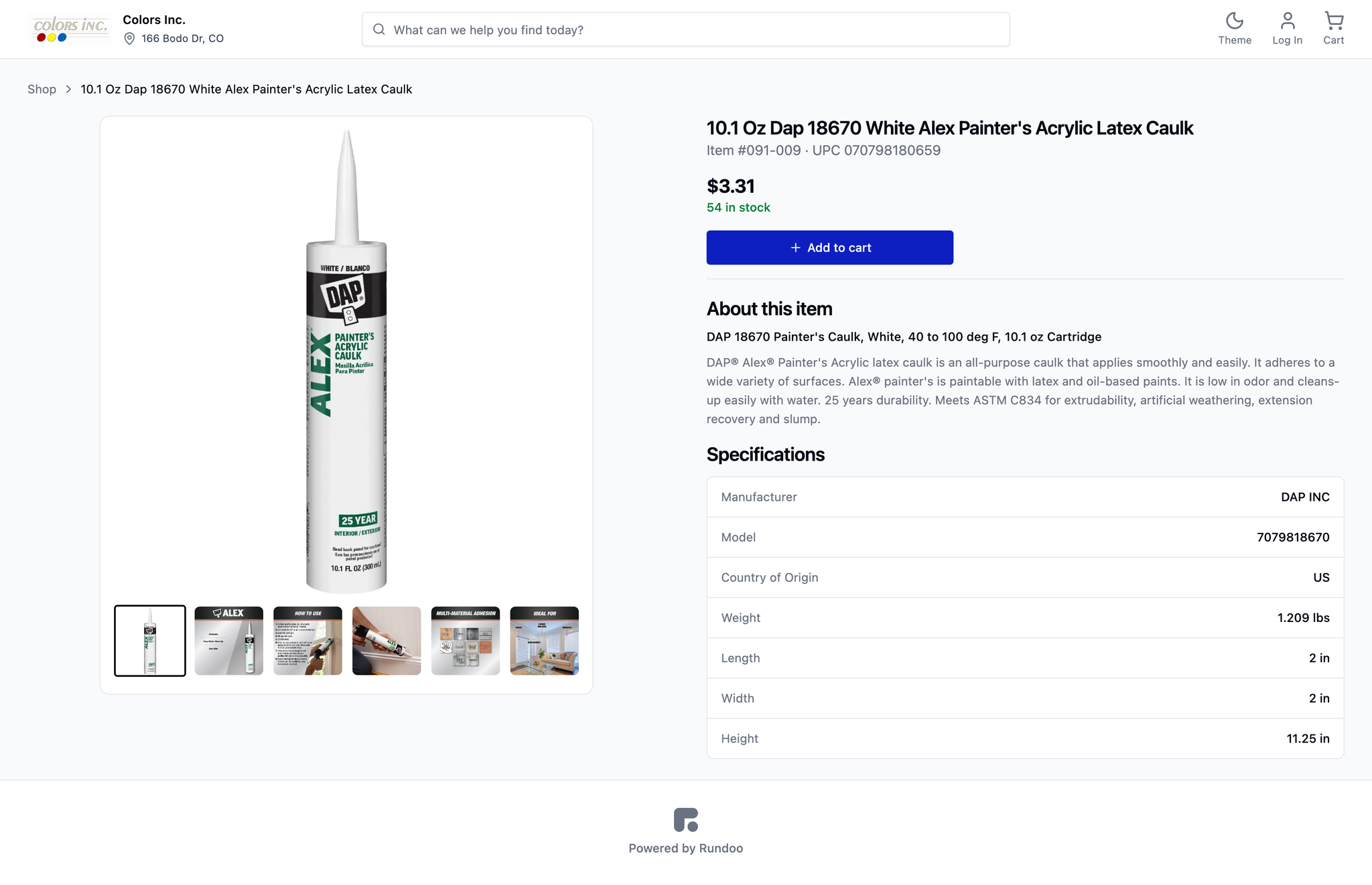 A Rundoo storefront product page for a can of caulk, showing catalog photography, price, stock count, an item description, and a specifications table