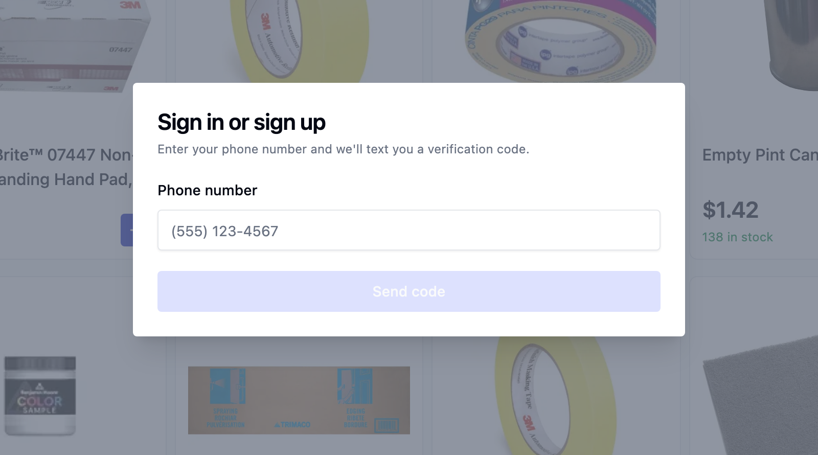 A sign-in overlay on a Rundoo storefront asking for a phone number, over a grid of paint-supply products