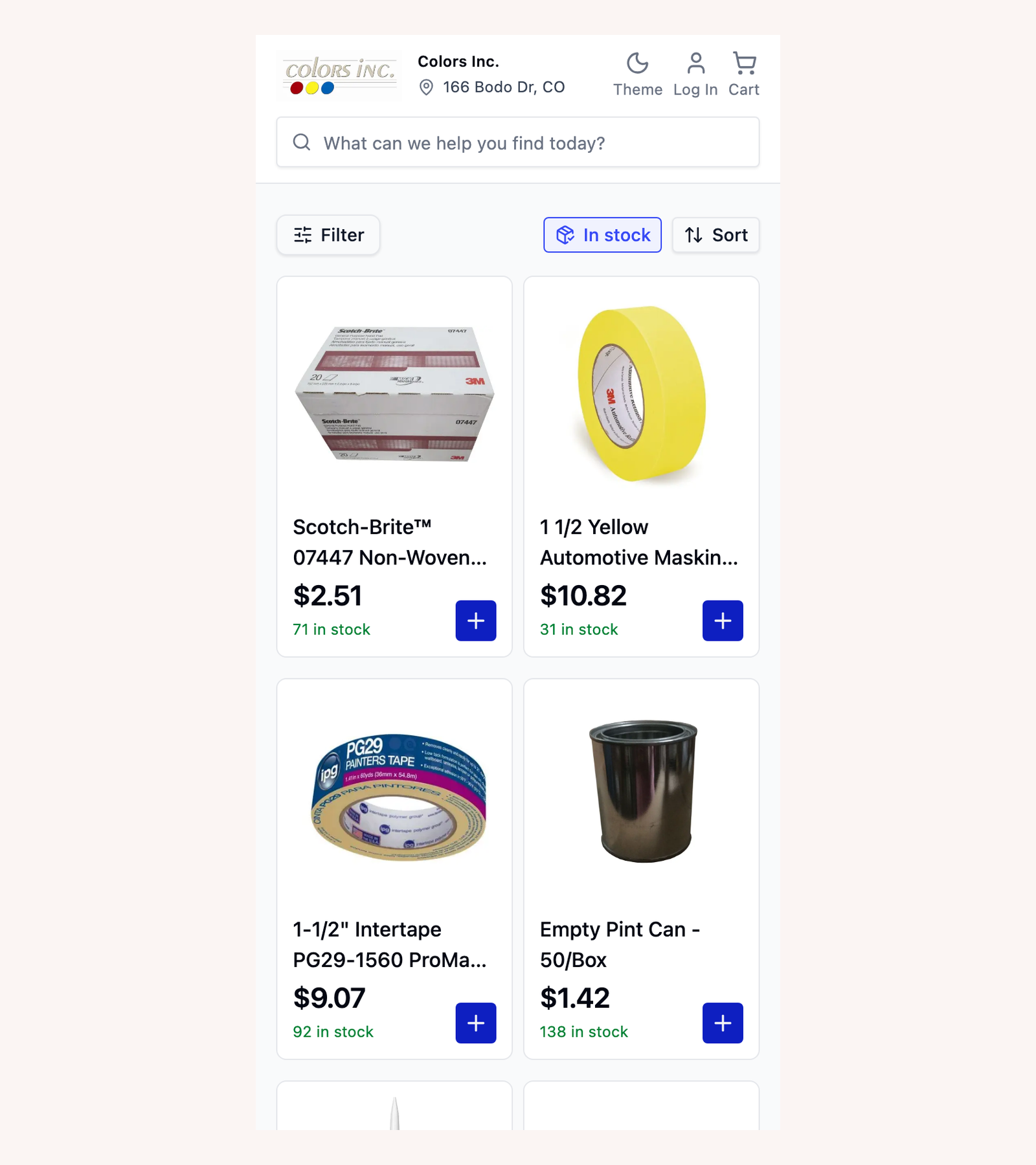 The Rundoo storefront catalog grid open on a phone, showing product photos, prices, and stock counts with filter and sort controls