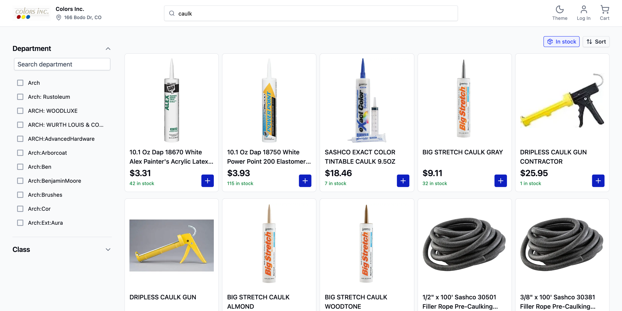 A customer searching a Rundoo storefront for caulk, returning eight in-stock products with photos, prices, and on-hand counts